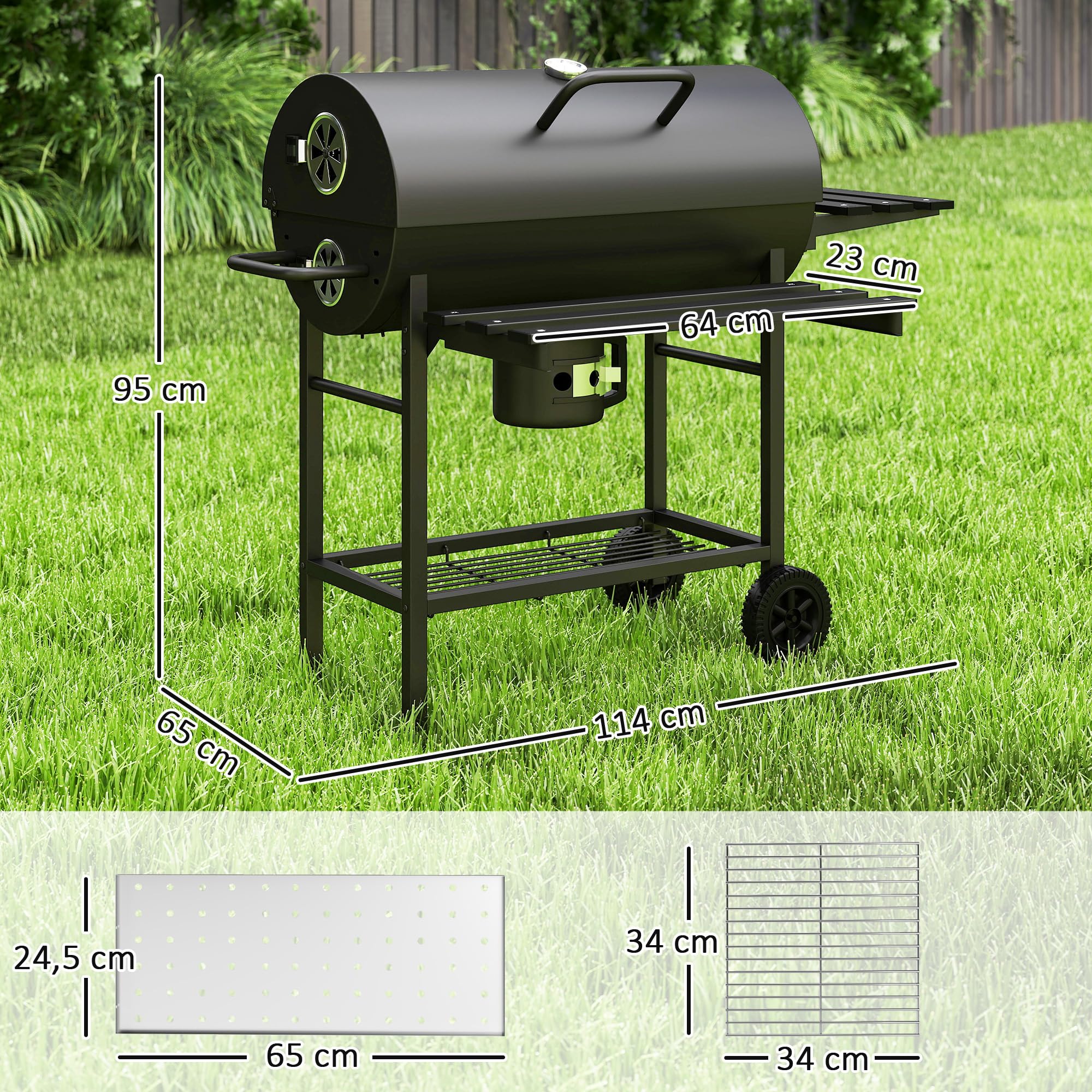 Outsunny Barbecue charbon de bois avec tablette avant pliable, grand barbecue au charbon de bois avec tablette inférieure, grille de cuisson, couvercle avec thermomètre et 2 roues, noir