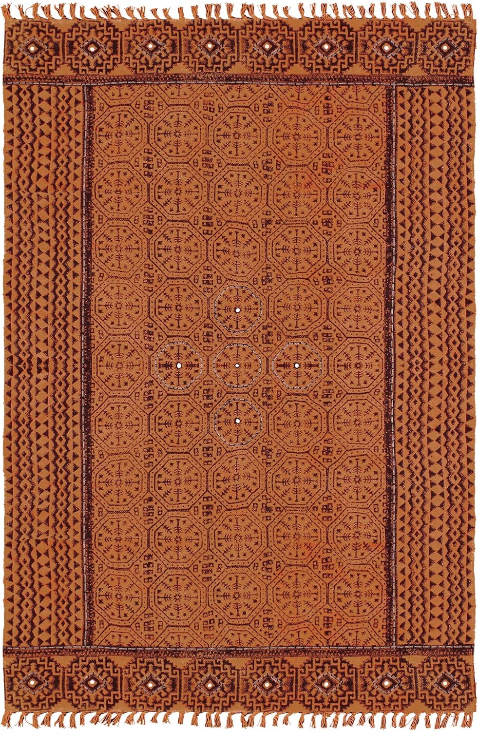 2.6x18 Hallway Runner Handmade Boho Flatweave Rug Stair Runner Thick 0.19" Bordered Design Clay Brown, Black Hand Block Printed Cotton Easy Washable Floor Carpet Indoor Outdoor Rugs for Corridor
