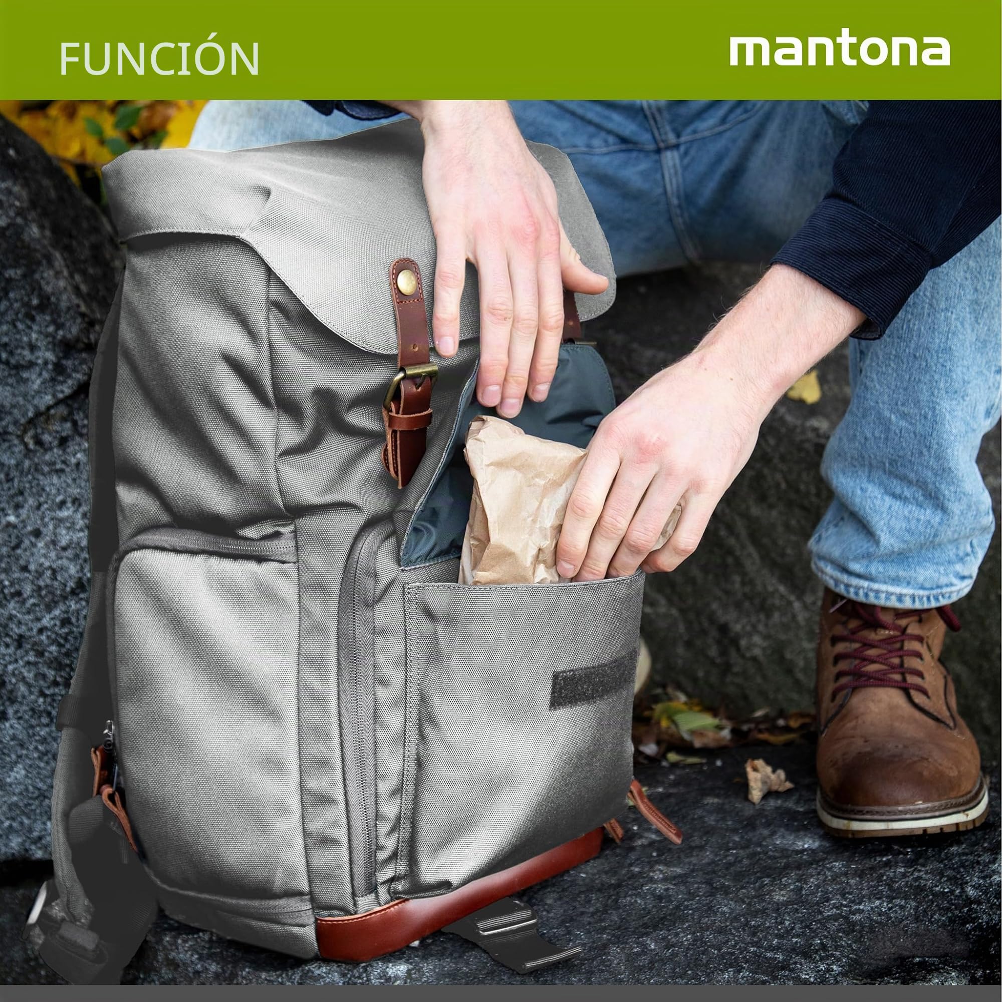 Mantona Mochila Retro Luis (con Aplicaciones de Cuero, Incluye Funda de Lluvia, Compartimentos Flexibles y Espacio para Laptop, Compatible con 1 Cámara DSLR, 3 Objetivos y Otros Accesorios), Gris