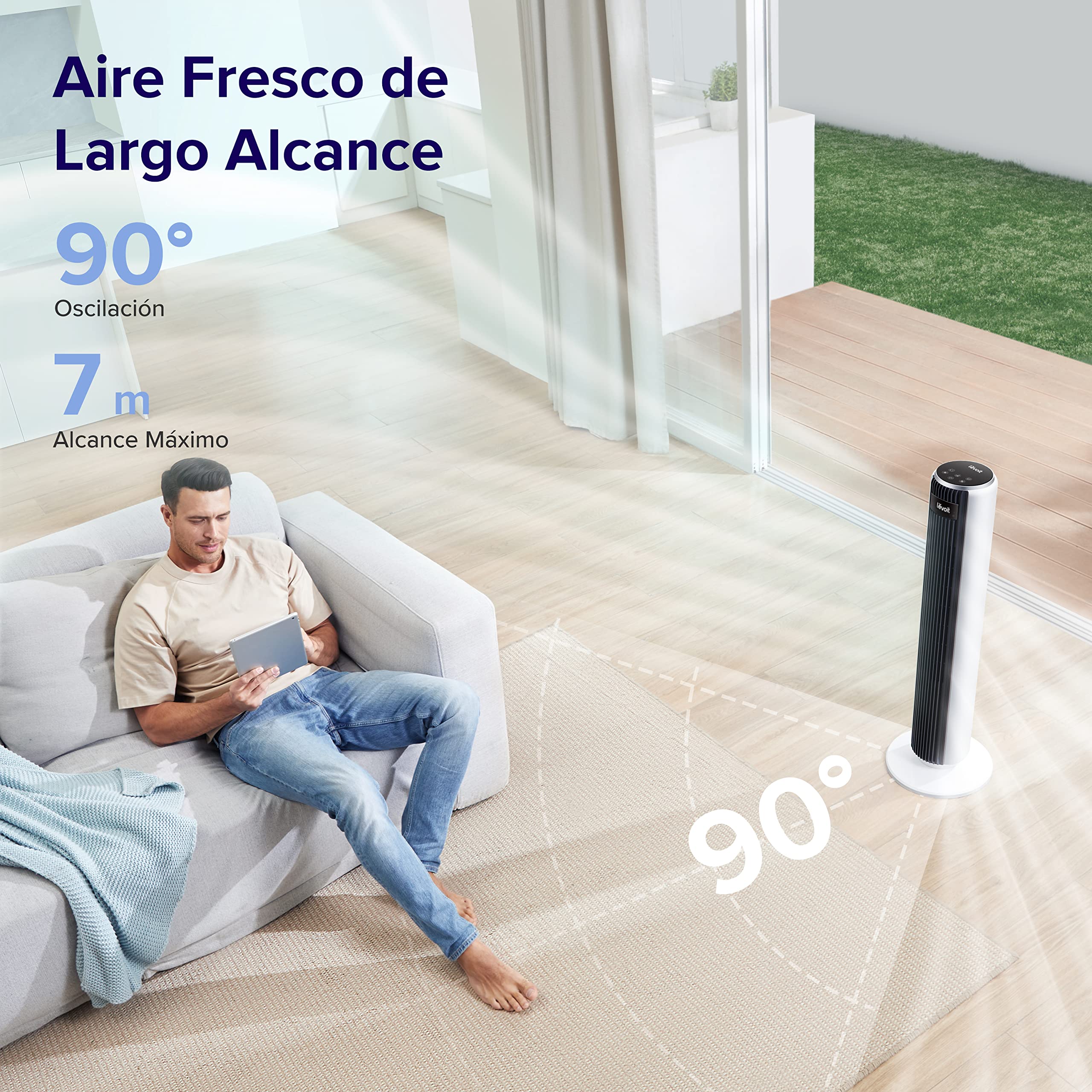 LEVOIT Ventilador de Torre con Mando a Distancia, Ventilador Silencioso 28dB y 39W, Oscilación 90° con 7m/s, 4 Modos 5 Velocidades, Temporizador 12 Horas, Fácil de Montar para Dormitorio