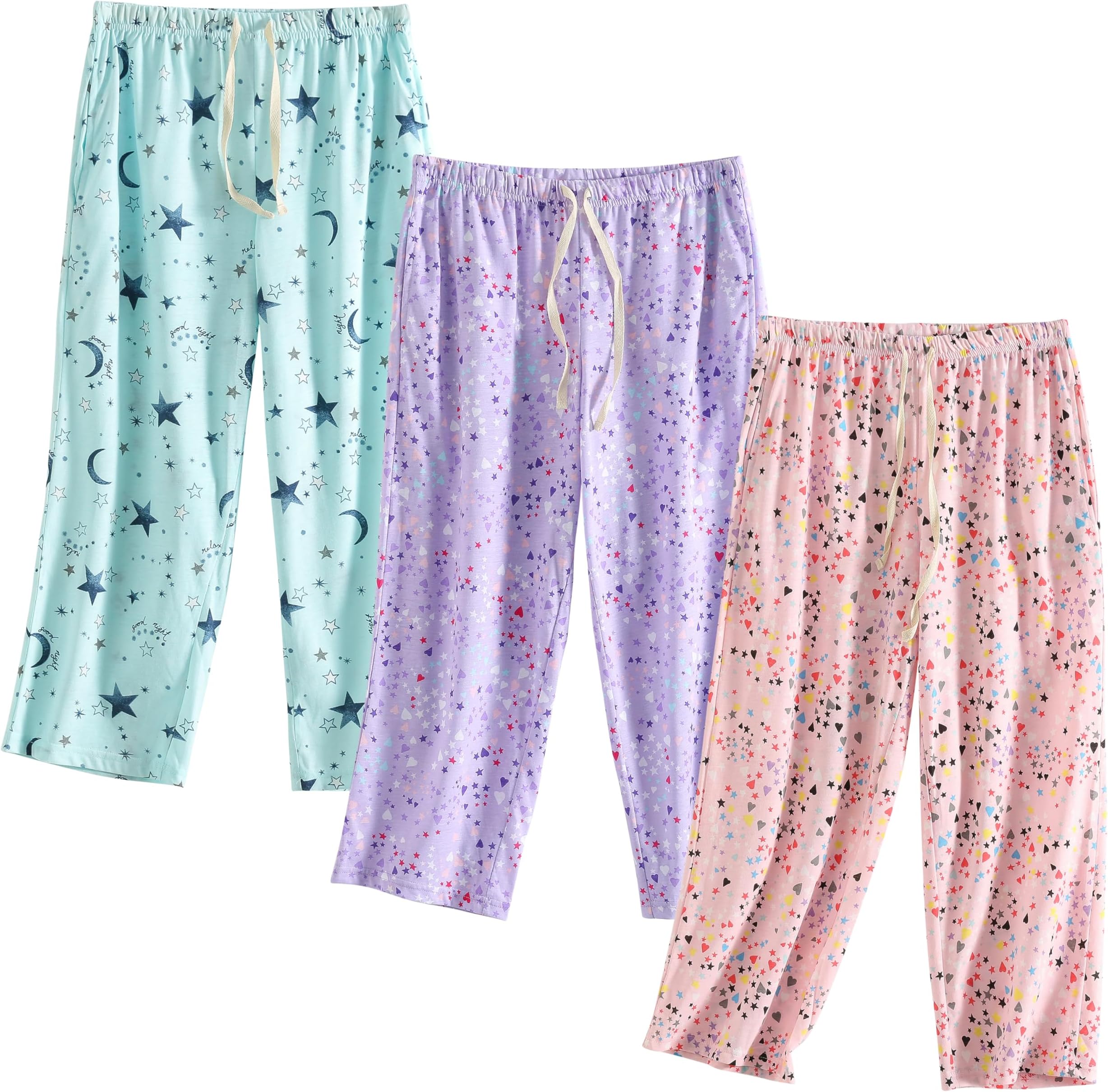 PNAEONG3 Pack Women Pajama Pants Capri Length Drawstring Pj Bottoms Sleep Lounge Pants with Pockets S-3XL
