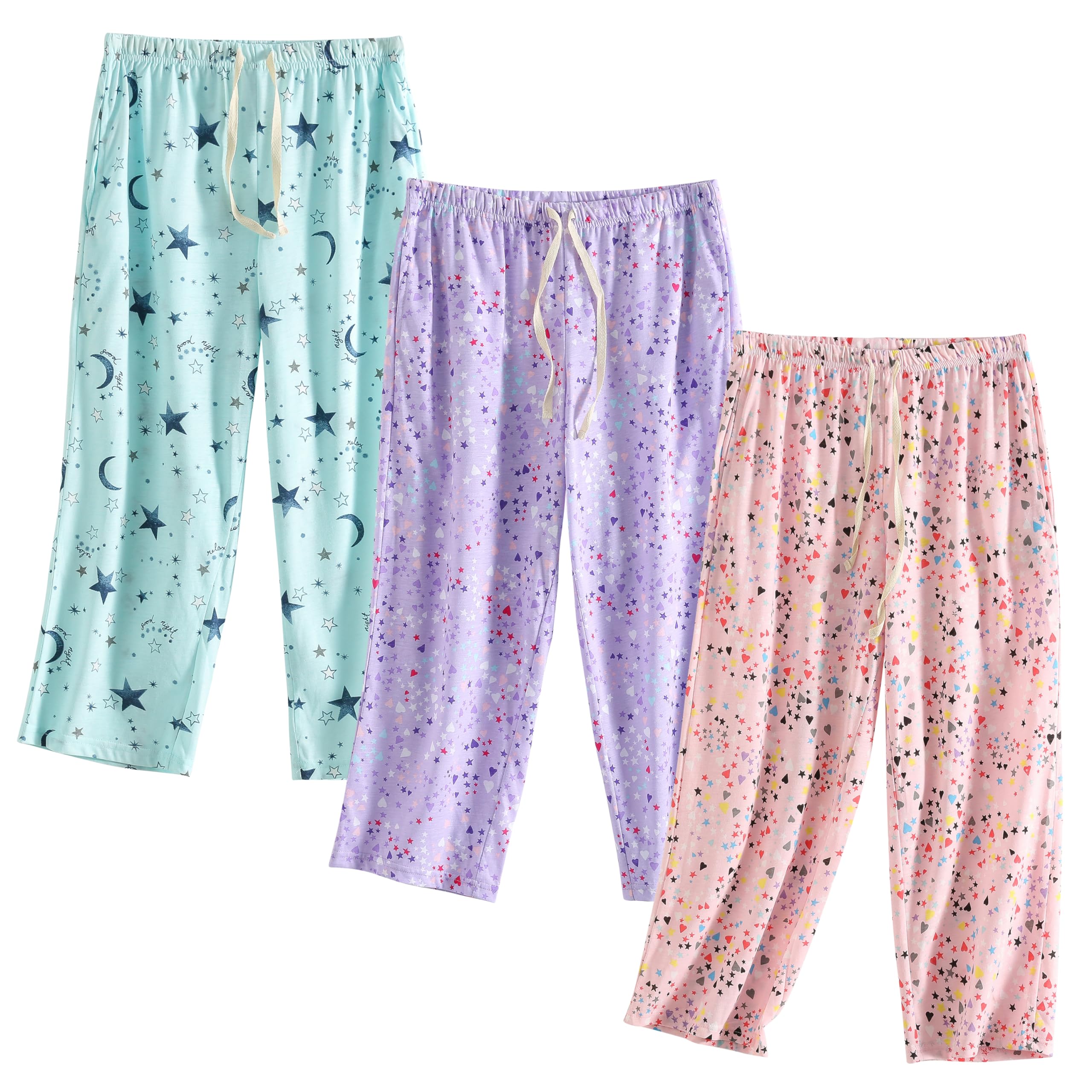 PNAEONG3 Pack Women Pajama Pants Capri Length Drawstring Pj Bottoms Sleep Lounge Pants with Pockets S-3XL