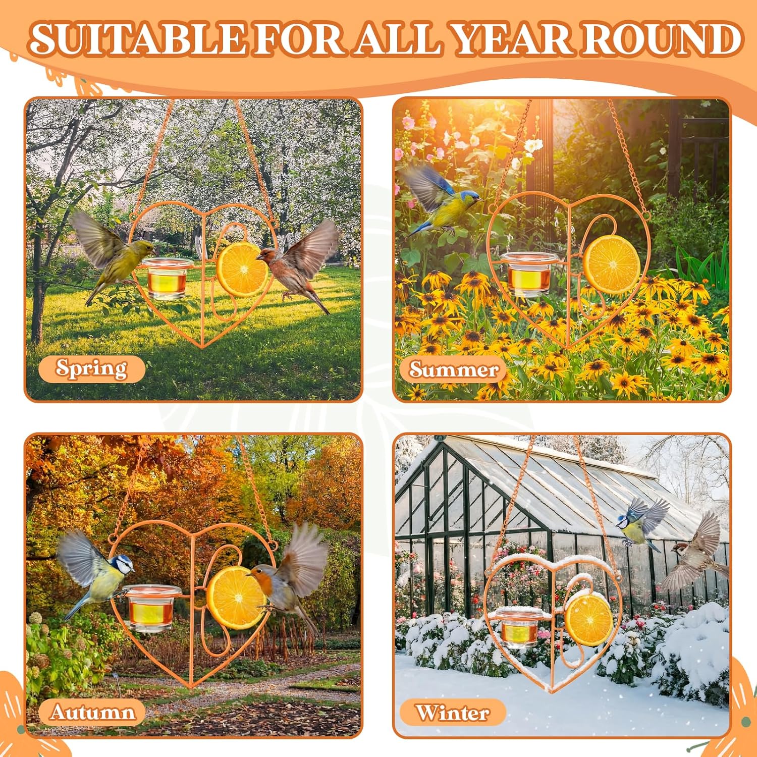 4 Pack Oriole Bird Feeder for Outdoors Jelly and Oranges Hanging Oriole Feeder with Clear Glass Bowl for Outdoors Hanging Garden Patio Deck Yard, Orange(Heart)