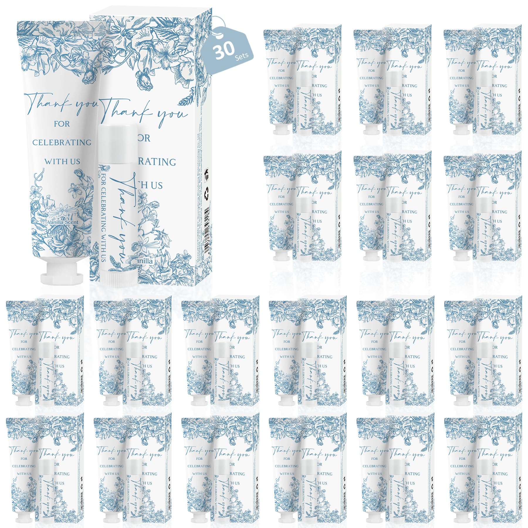 50 Sets Moisturizing Hand Cream Lotion Lip Balm Kit Bulk for Wedding Thank You Welcome Gifts Something Blue Flower Theme Birthday Shower with Boxes Rustic Vintage Aesthetic Wedding