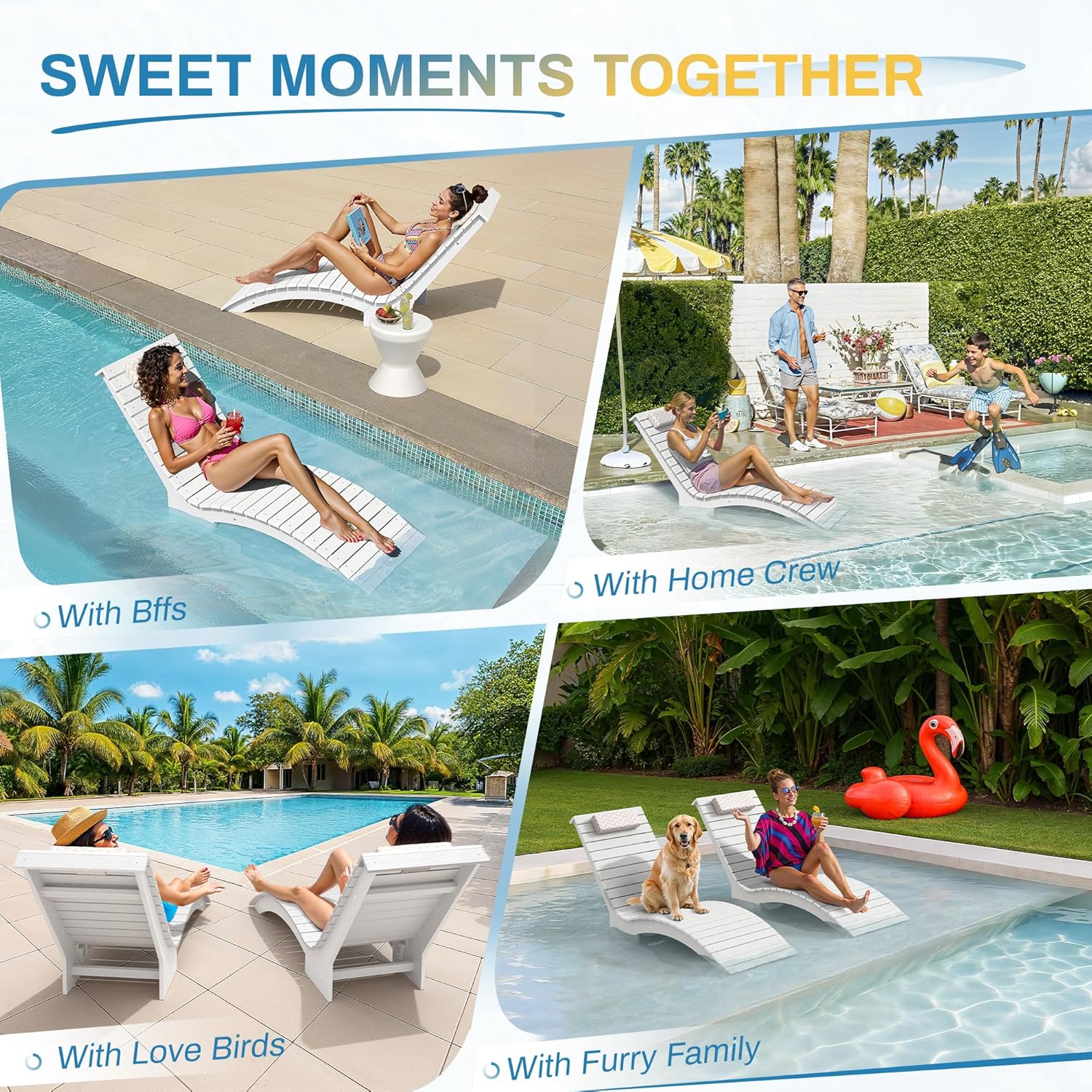 Pool Lounge Chairs Outdoor Set of 2，HDPS Long Pool Chairs for in Pools, Weighted All Weather Tanning Chair with Headrest，Chaise Lounge for Outside Beach Patio Sun Bathing Hotel, White