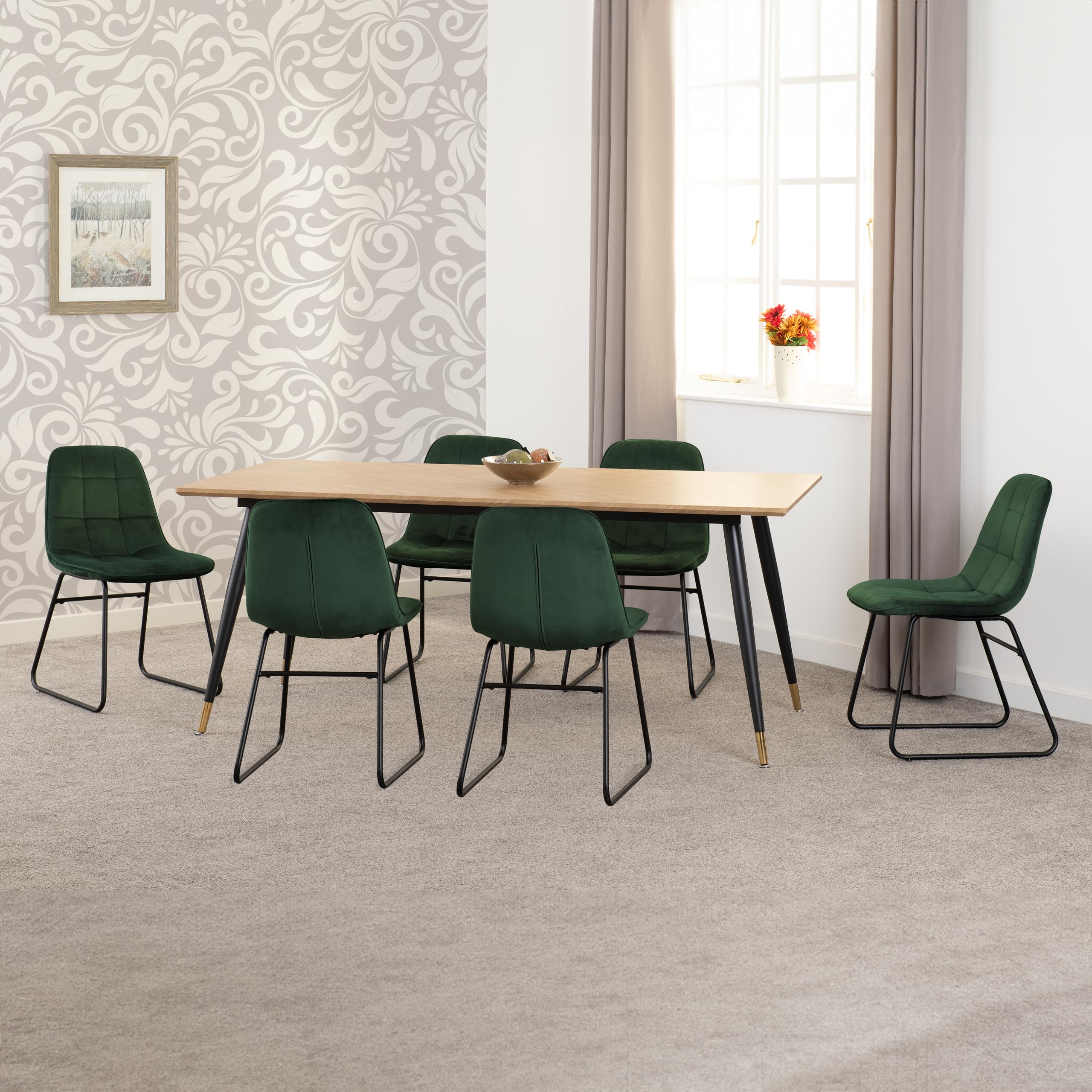 Hamilton Large Dining Set - Medium Oak Effect Table - 6 Lukas Velvet Chairs - Emerald Green