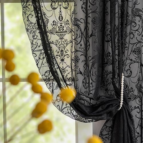TUDECO Short Black Curtains 45 Inch Length - Gothic Lace Floral Halloween Kitchen Curtains for Small Window, Rod Pocket Semi-Sheer Light Filtering Goth Moody Spooky Home Decor, 59W x 45L Inch, Black - 59"W x 45"L (Pack of 2) - Black