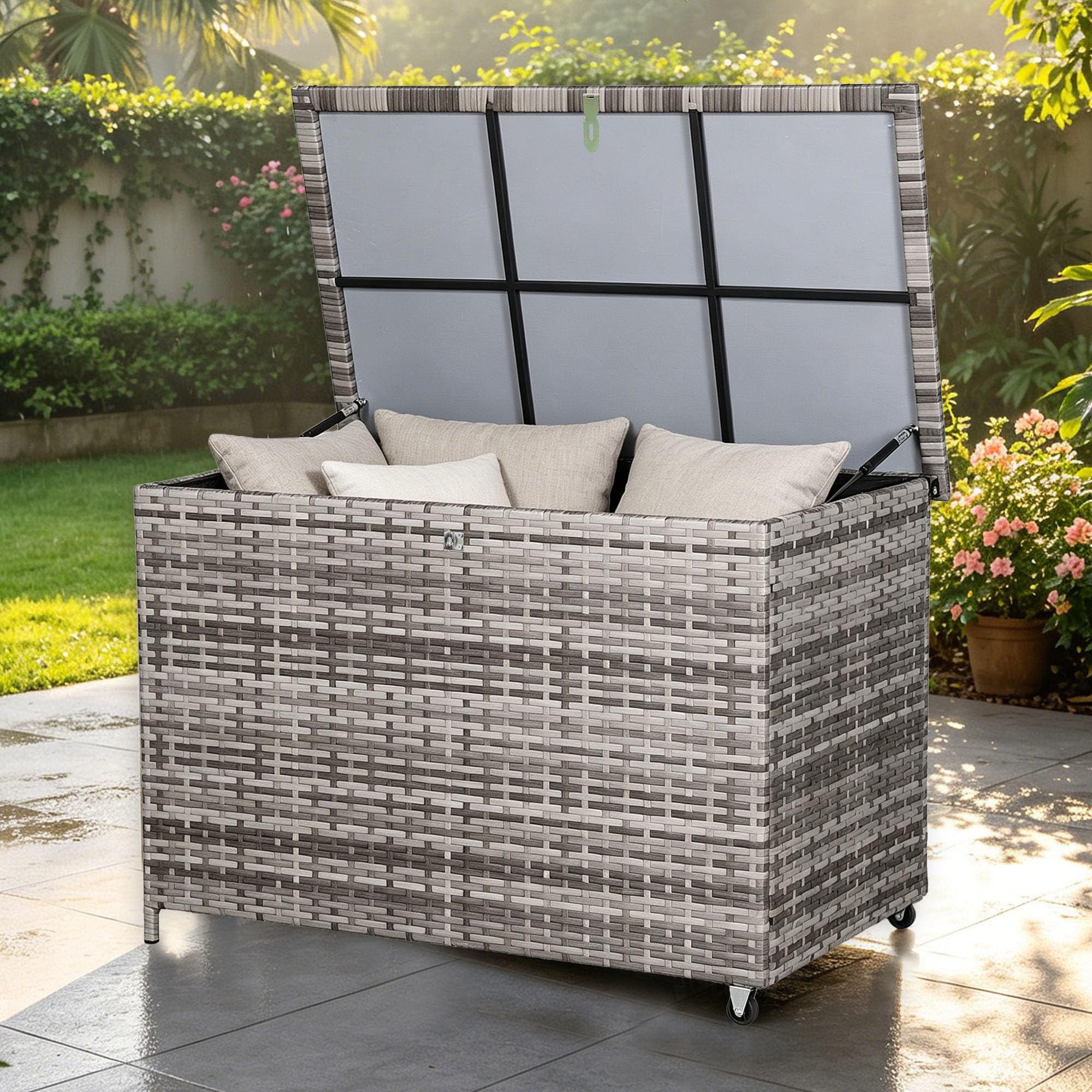 Spring Garden Furniture Large Garden Storage Box 480L–Waterproof Garden Storage Box with Lockable Latch&Gas Lift Lid Premium Rattan Outdoor Cushion Storage Box for Patio Furniture (Grey, 117*68*72CM)