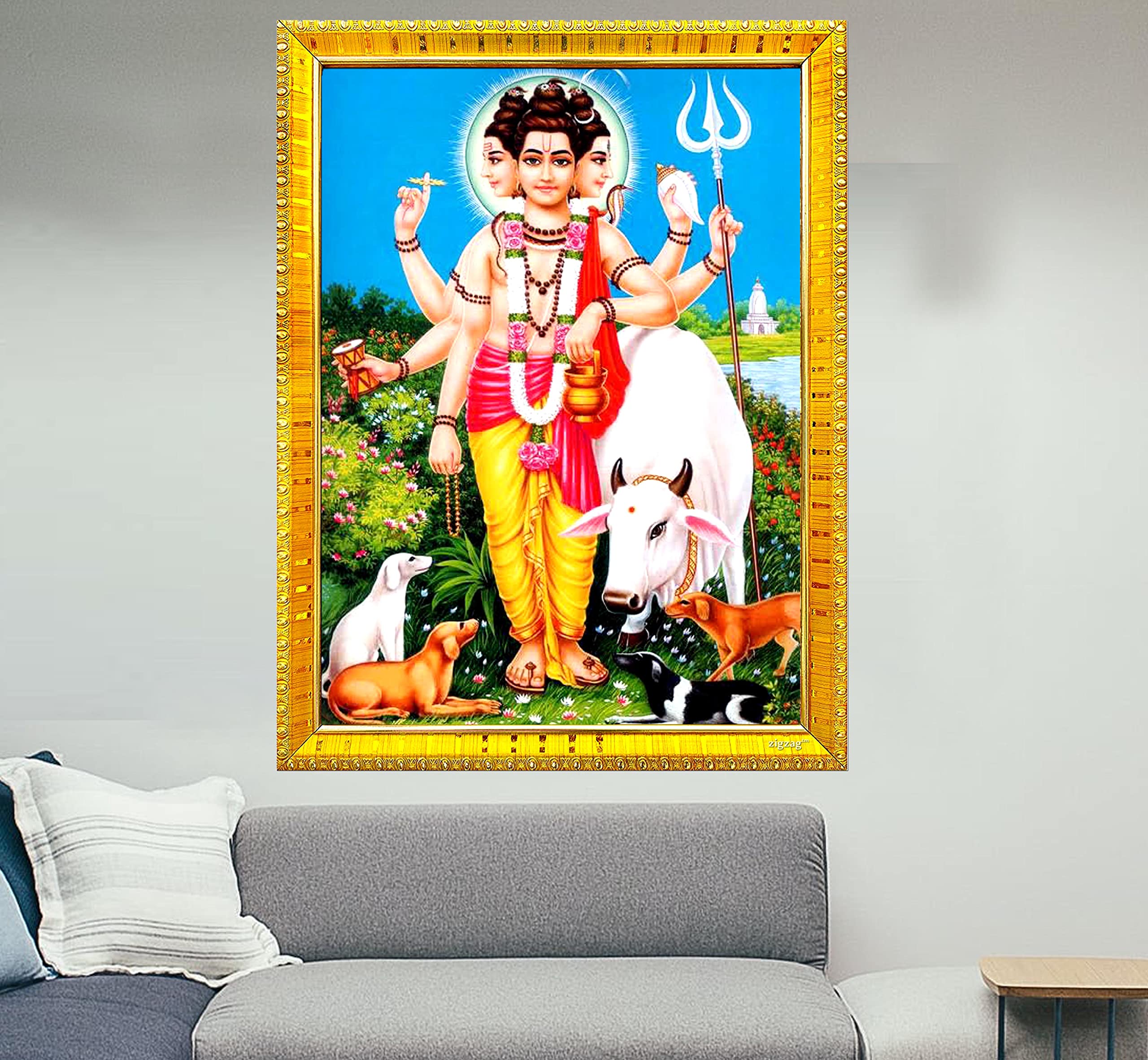 Cadre photo Lord Dattatreya grand format 40,6 x 61 cm avec vitre acrylique et moulure dorée