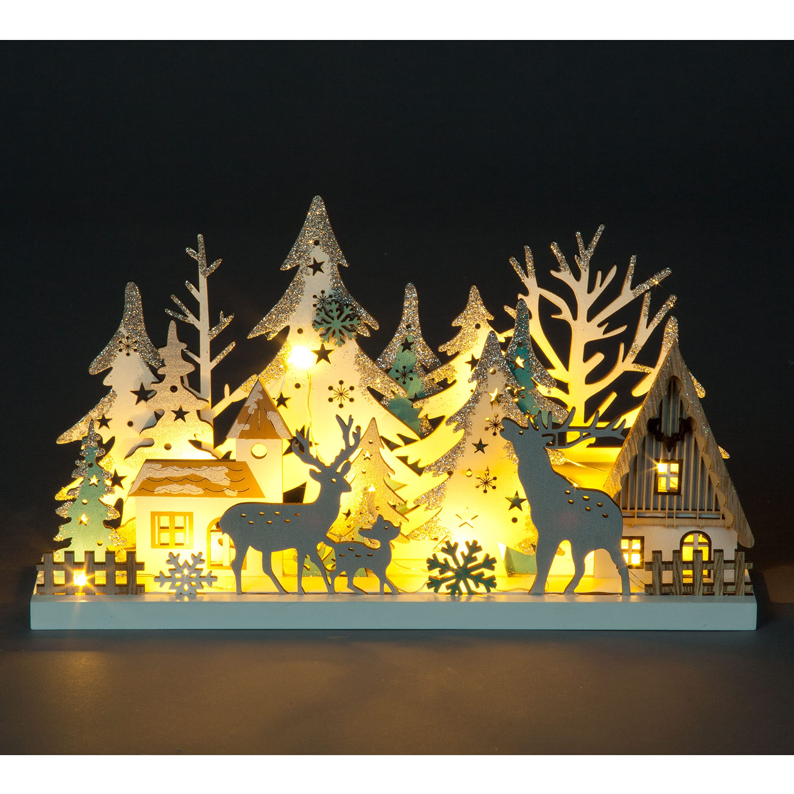 Battery Operated 18cm Table Top With Trees, House, Family Stags & 10 Warm White LEDs