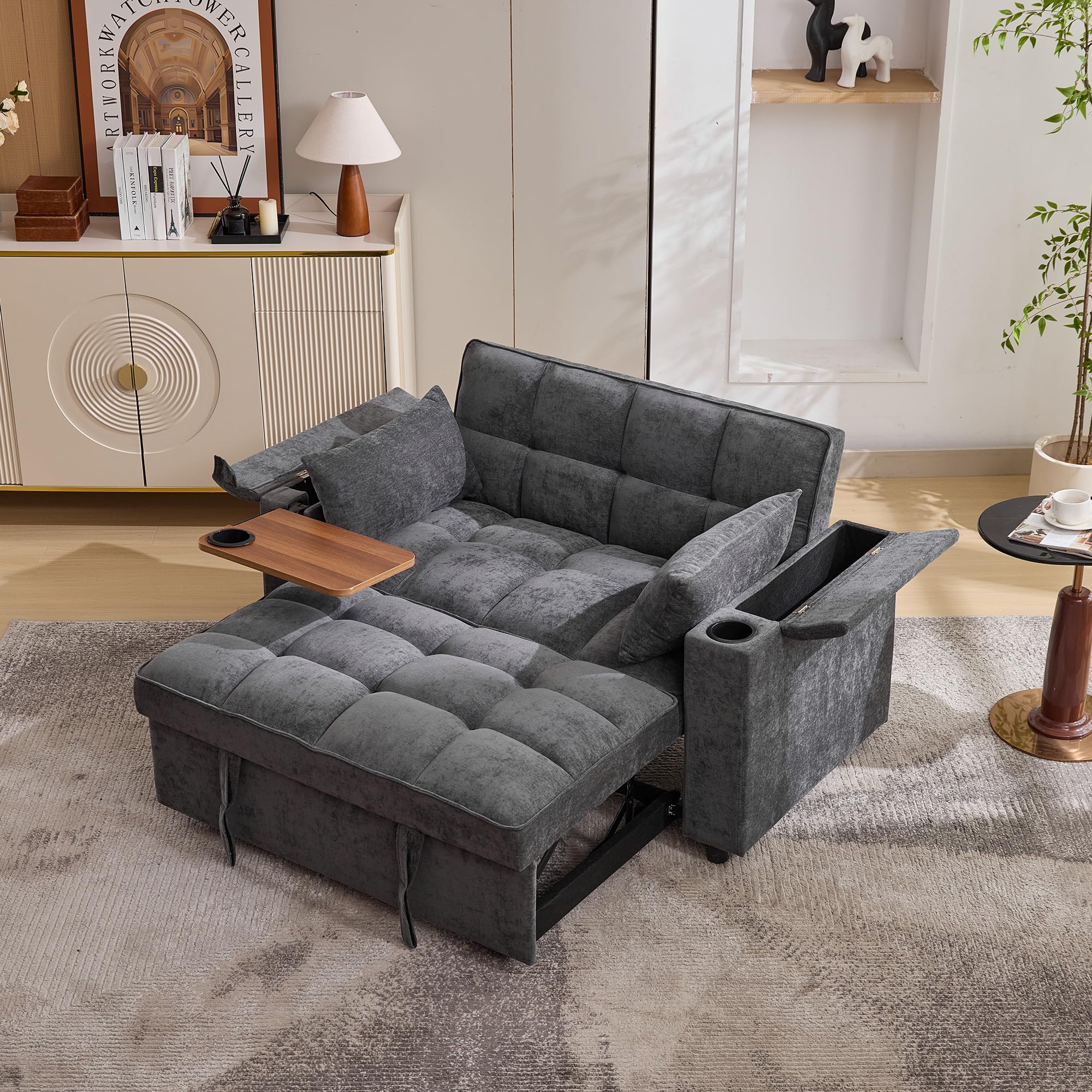 Merax Schlafsofa 3-in-1 Ausziehsofa 140x74x82 cm, 2-Sitzer Sofa mit Schlaffunktion, verstellbare Rückenlehne, USB & Typ-C, Daybed mit Getränkehalter und Stauraum, Ausziehbares Loungesofa Grau