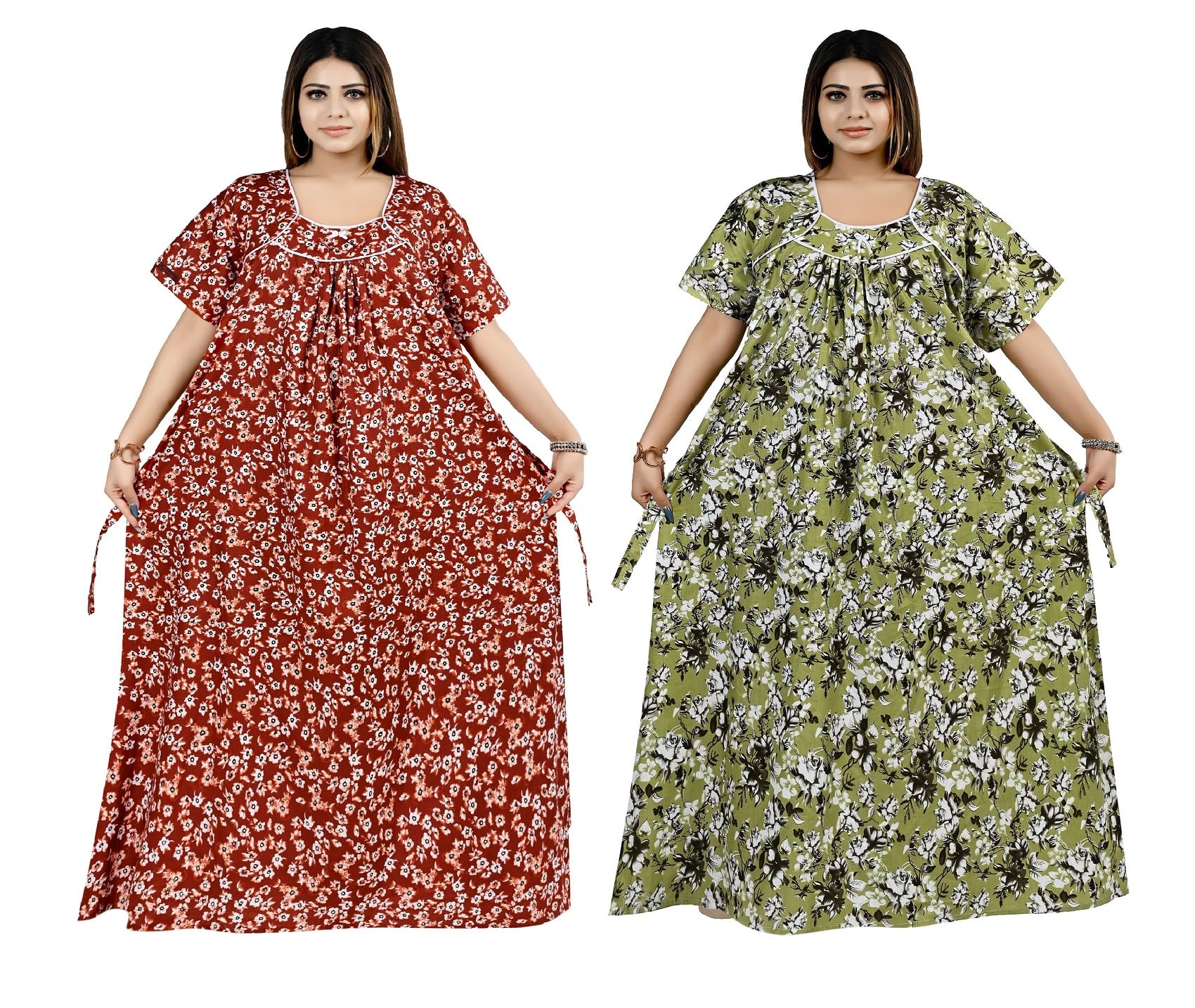 Women Cotton Maxi Nighty Pack of 2 – Plus Size Loose Fit Nightdress, Soft Breathable Printed Sleepwear, Full Length Summer Lounge Gown-image-13