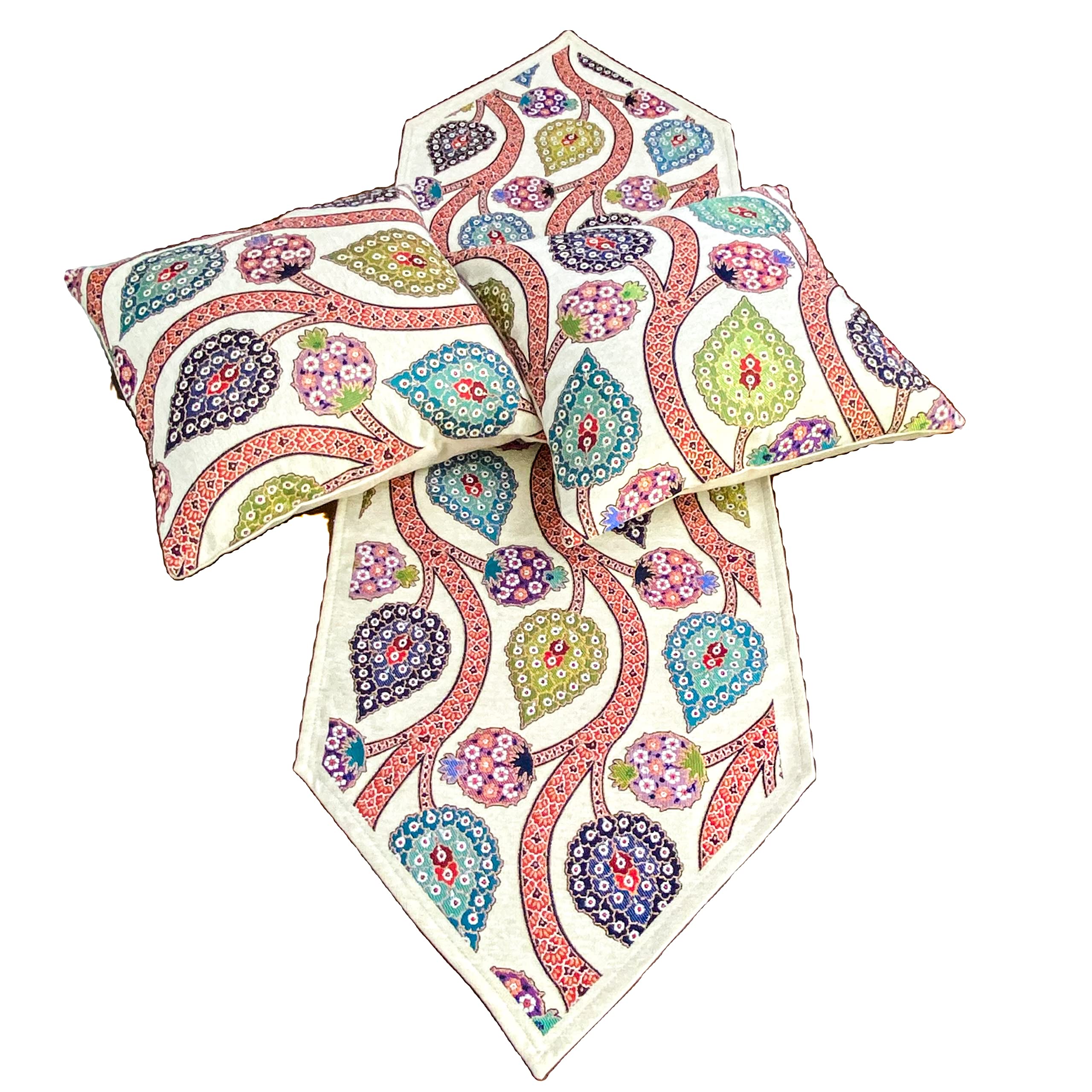 D&D Collection, Table Runner and Throw Pillow Covers Set - Goblen Woven - 3 Pcs - Anatolian Rug Motif