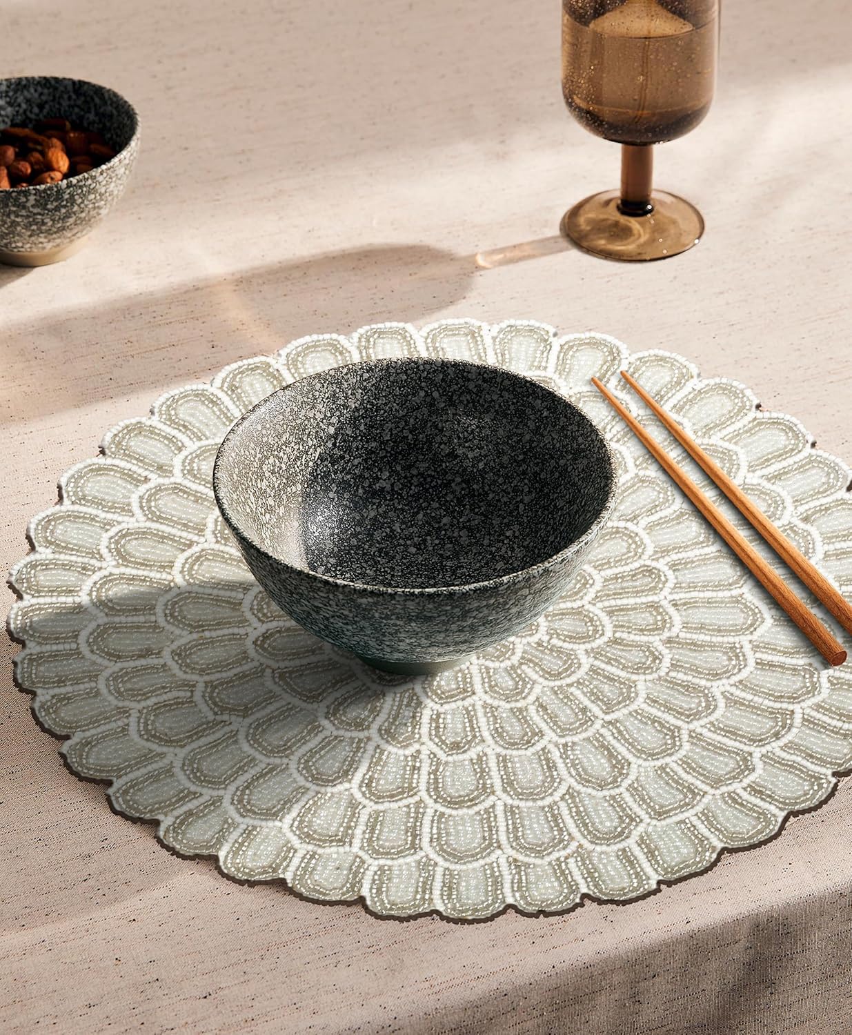 beaded placemats for dining table - pack of 2 measure 13 inches beaded placemats round for gathering, occasional decoration and family parties celebrations - white white 13" (pack of 2)