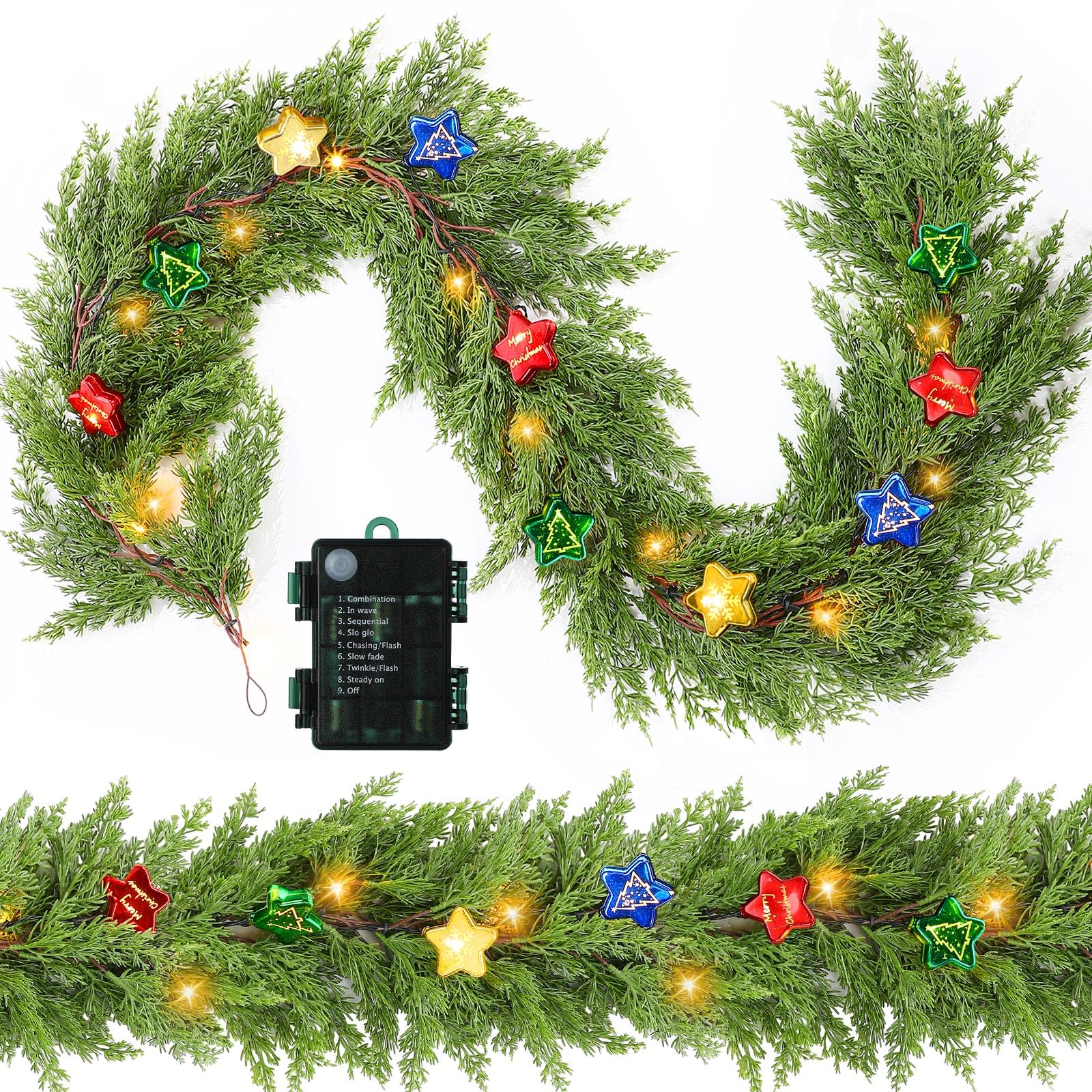 Maysing 2 Pcs 6.2Ft Prelit Christmas Cedar Garlands with Light 10 Christmas Stars LED Lighted Artificial Pine Cypress Garlands Battery Operated with 8 Mode Timer for Fireplace Mantle Decor(4 Color)