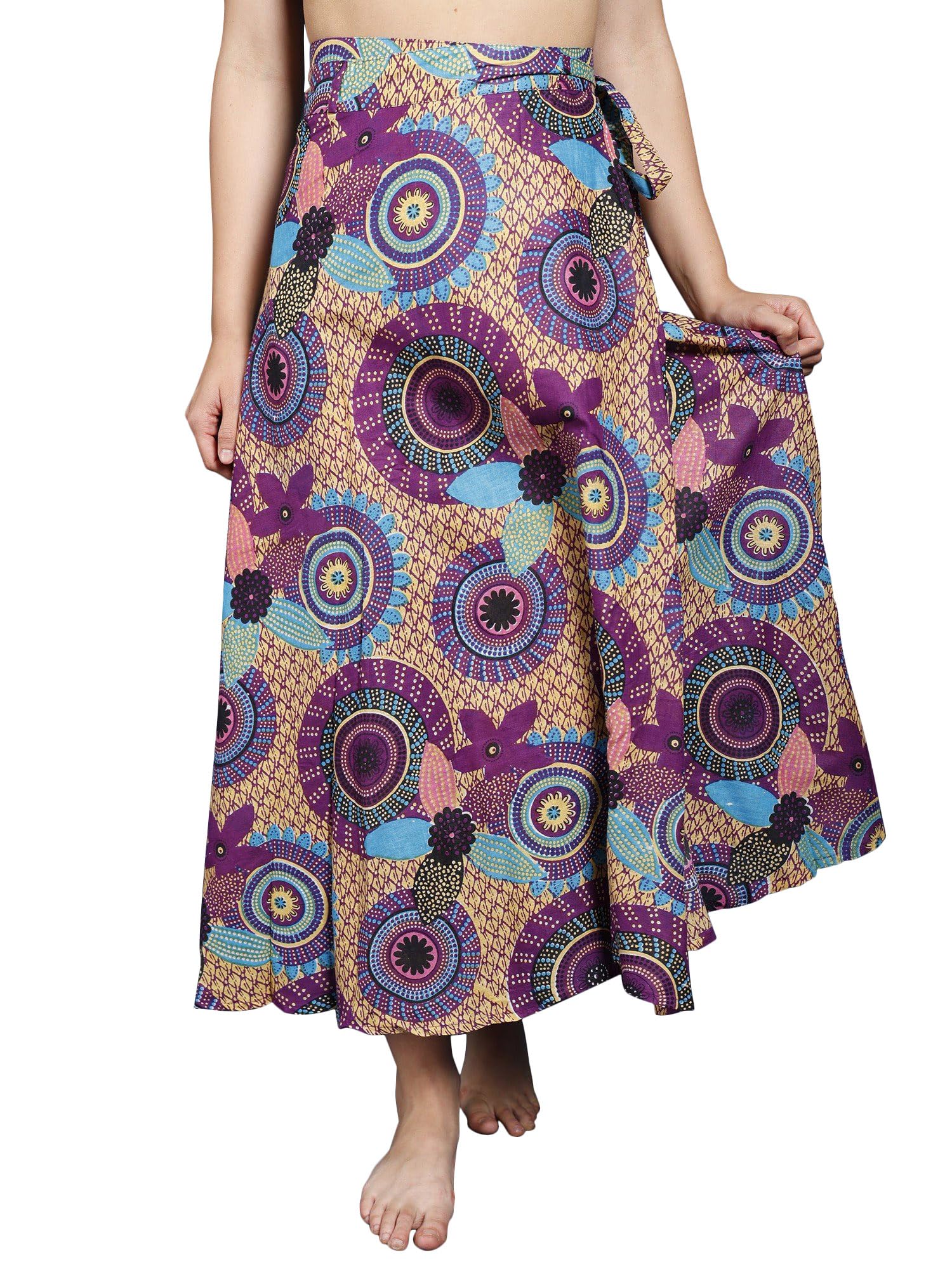 Exotic India Multicolor Wrap Around Long Skirt with Printed Chakra Pattern