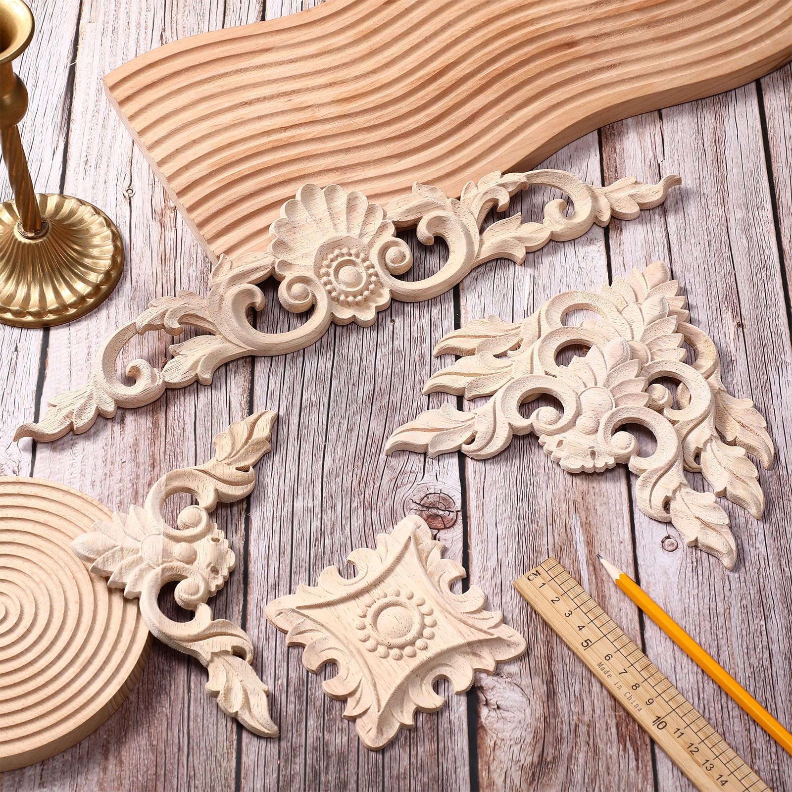 8 Pcs Wood Appliques and Onlays Large Size for Furniture Carved Onlays DIY Decorative Wood Carving Decals for Wall Cupboard Door Bed Cabinet (Stylish Style)