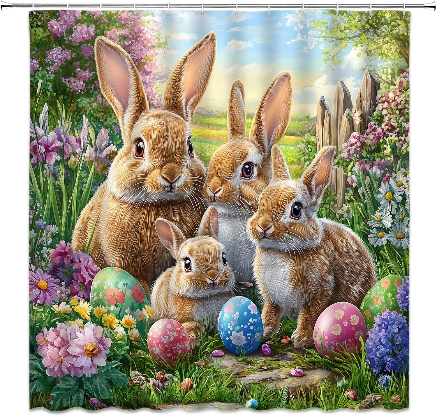 GCTNBJL Easter Shower Curtain Bunny Egg Rabbit Flower Floral Nature Spring Green Brown Purple Extra Long Bathroom Home Curtain with Hooks,70x84 Inch