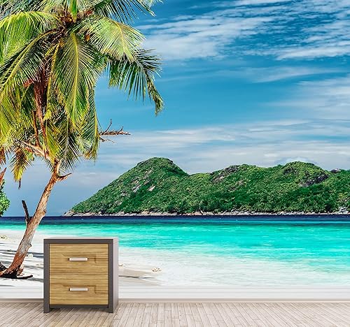Miniatura 3 de SIGNFORD Adhesivo mural removible para pared, isla tropical vibrante, palmera, playa, naturaleza, desierto, fotografía, paisaje rústico, panorama
