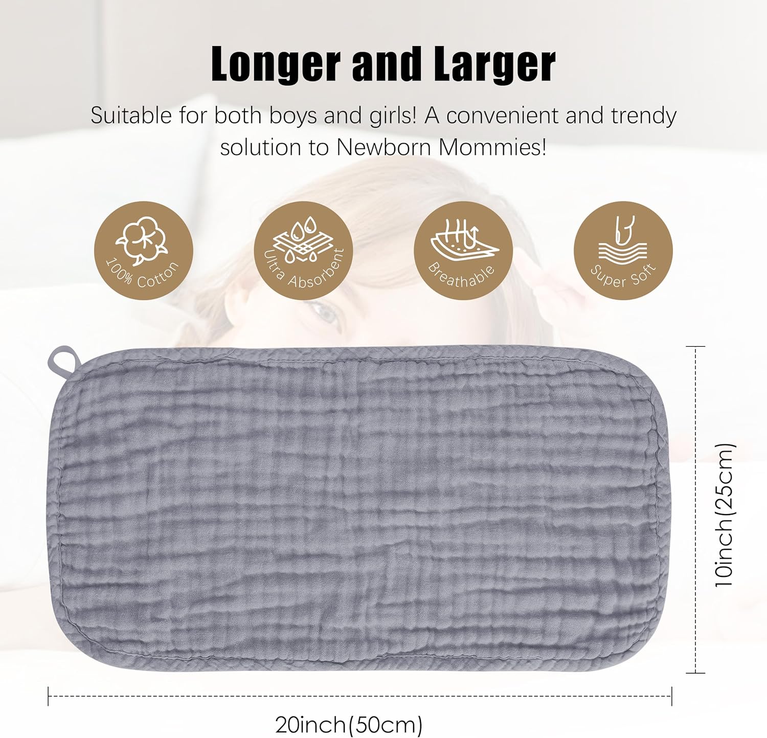 HIPHOP PANDA Muslin Burp Cloths, 10 Pack - Large 20" X10" - Ultra Absorbent and Soft 100% Cotton Baby Essentials Drool Rags and Messes for Newborn - Colorful Designs for Boy Girl, Gray Navy Fusion - Image 4