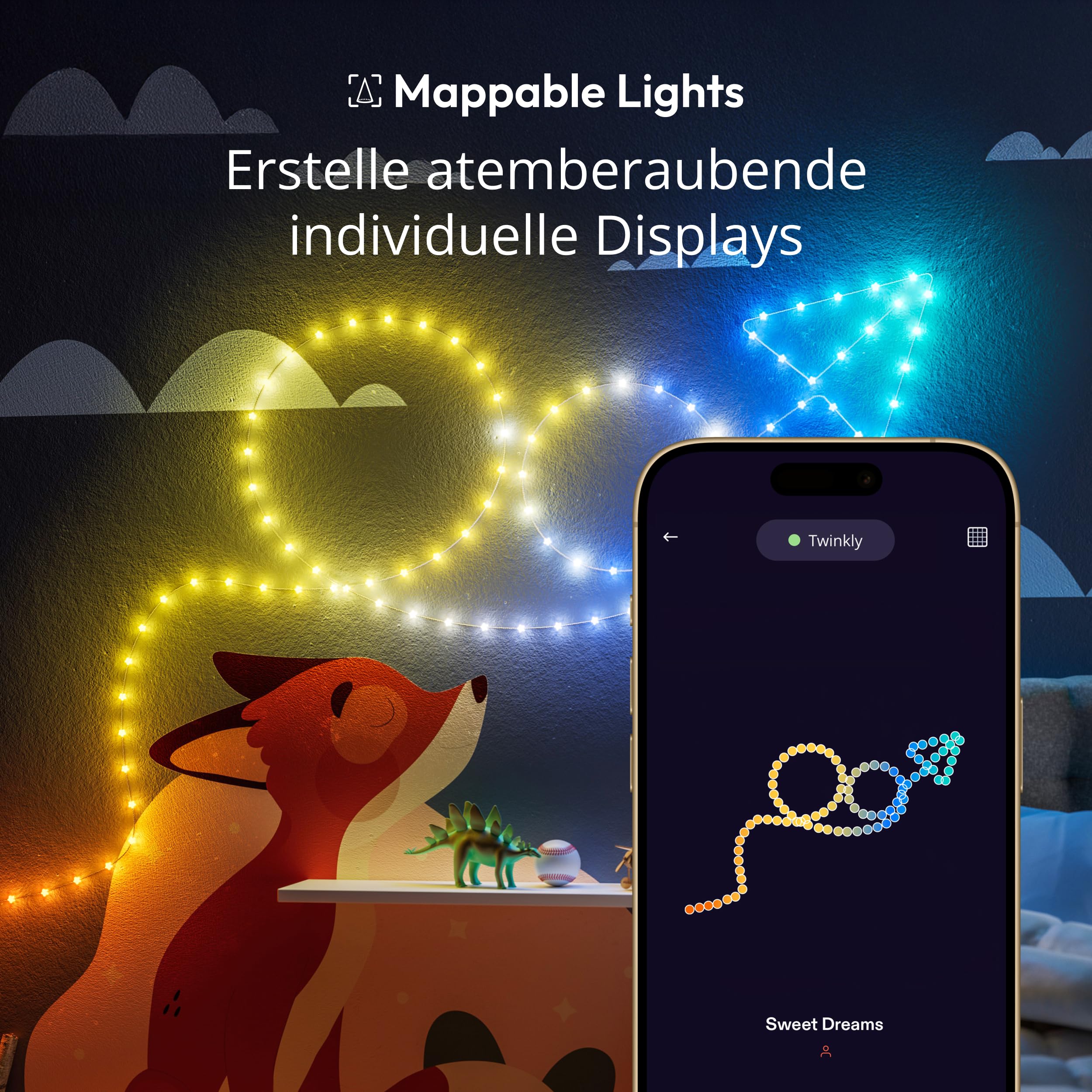 Twinkly Strings USB-C Star 200 LED, Sternförmige LED-Lichterkette, RGB LED-Lichter Mehrfarbig, Lichter zum Valentinstag, Kompatibel mit Alexa und Google Home, USB-C, Grünes Kabel, 12m
