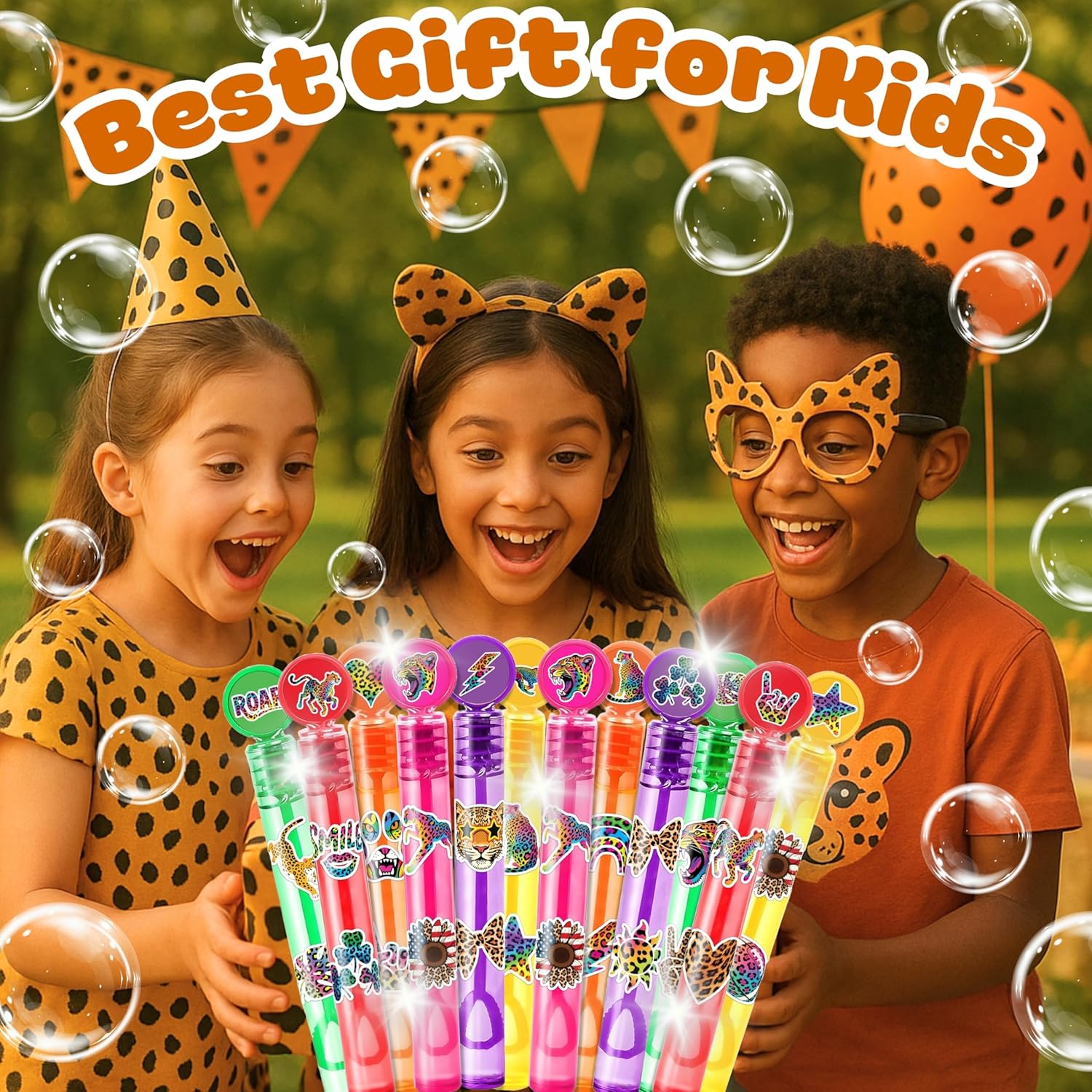 Cheetah Party Favors for Kids - 24PCS Safari Animal Bubble Wands Wild Animal Theme Birthday Party Supplies Goodie Bag Fillers Classroom Rewards
