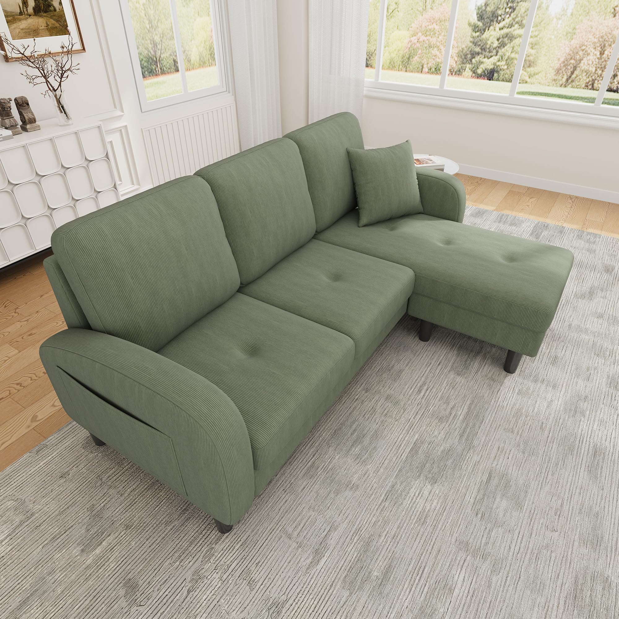 DRIXNO Ecksofa mit Chaiselongue, 3-Sitzer L-förmiges Sofa, 166 x 118 x 77 cm, Atmungsaktiver Baumwoll-Leinenstoff, Kunststoffbeine, Modulares Design, für Wohnzimmer, Apartments und Büros, Grün