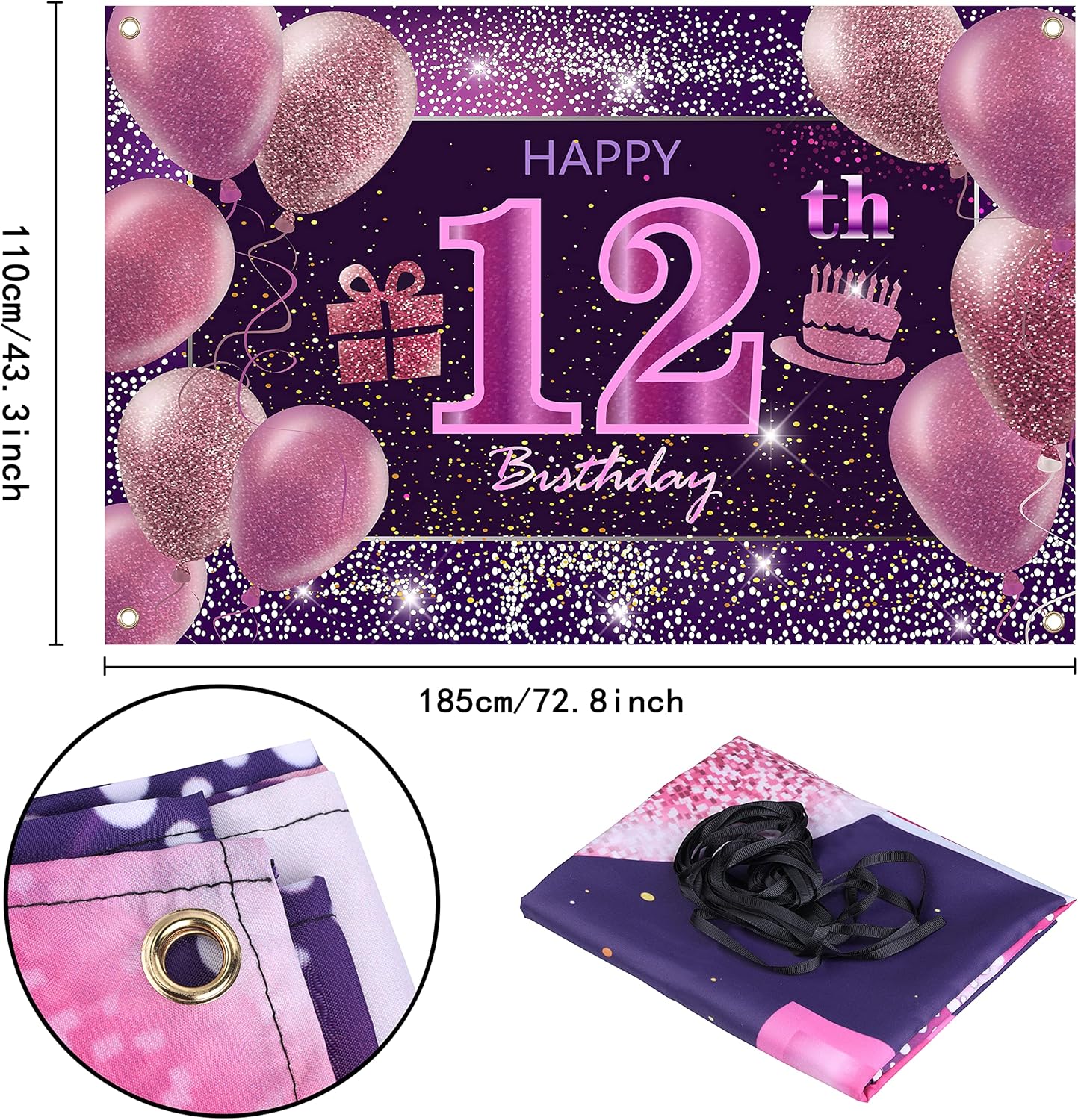 IMISI 12th Birthday Banner and Pink Backdrop Party Decorations - Image 3