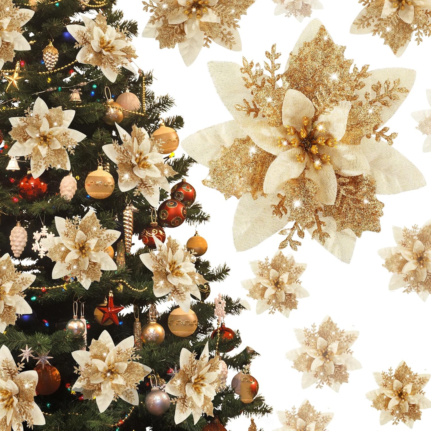 Poinsettia Christmas Decorations Flowers – 12Pcs Artificial Red Gold Poinsettia Christmas Tree Ornaments Glittery for Xmas New Year Wedding Party Wreath DIY Garland Decor (Gold) Poinsettia Christmas Decorations Flowers – 12Pcs Artificial Red Gold Poinsettia Christmas Tree Ornaments Glittery for Xmas New Year Wedding Party Wreath DIY Garland Decor (Gold)