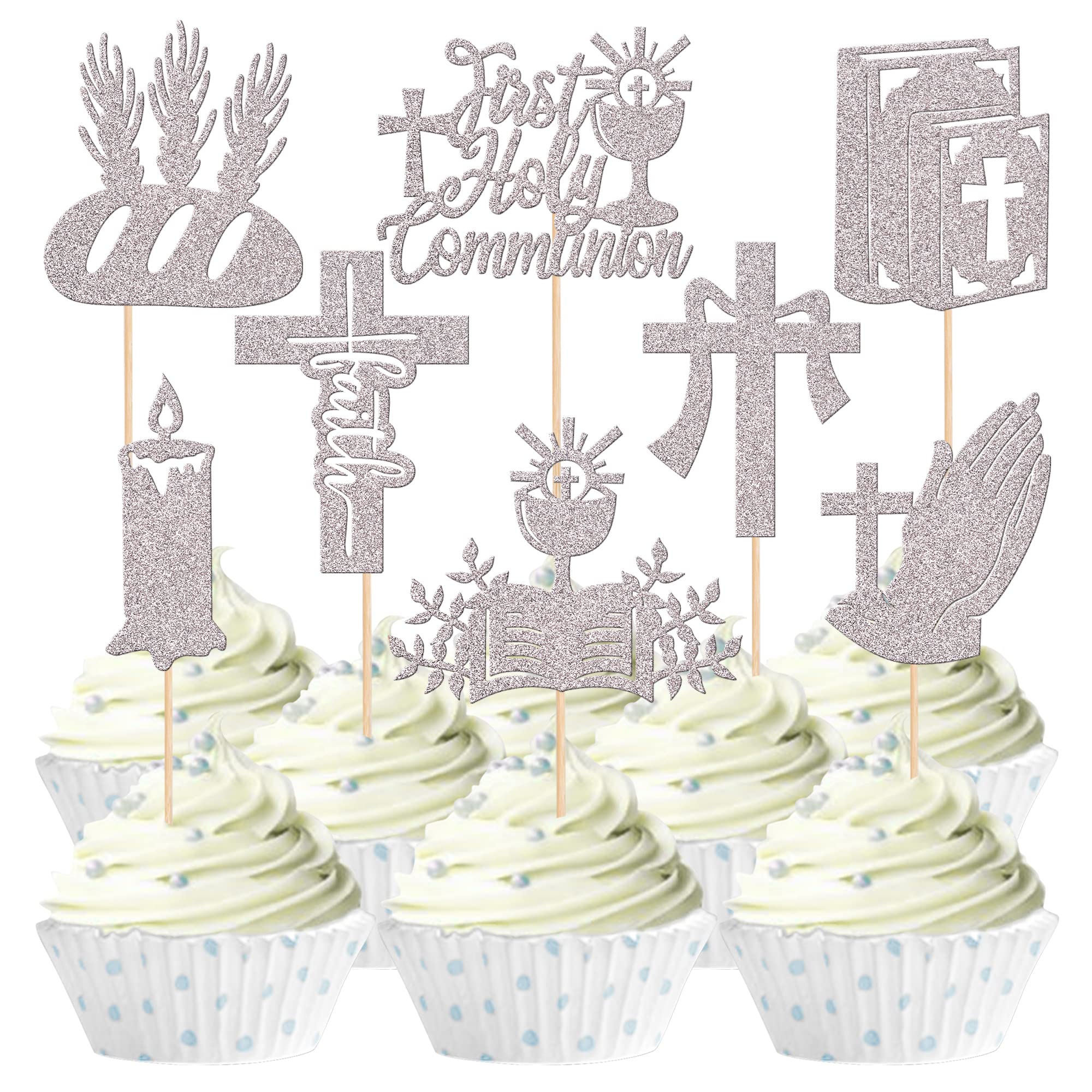 24 Pack First Holy Communion Cupcake Toppers Religion Theme Cupcake Picks Glitter Cross Bible Angel God Bless Cake Decorations for First Communion Baptism Birthday Party Supplies Silver