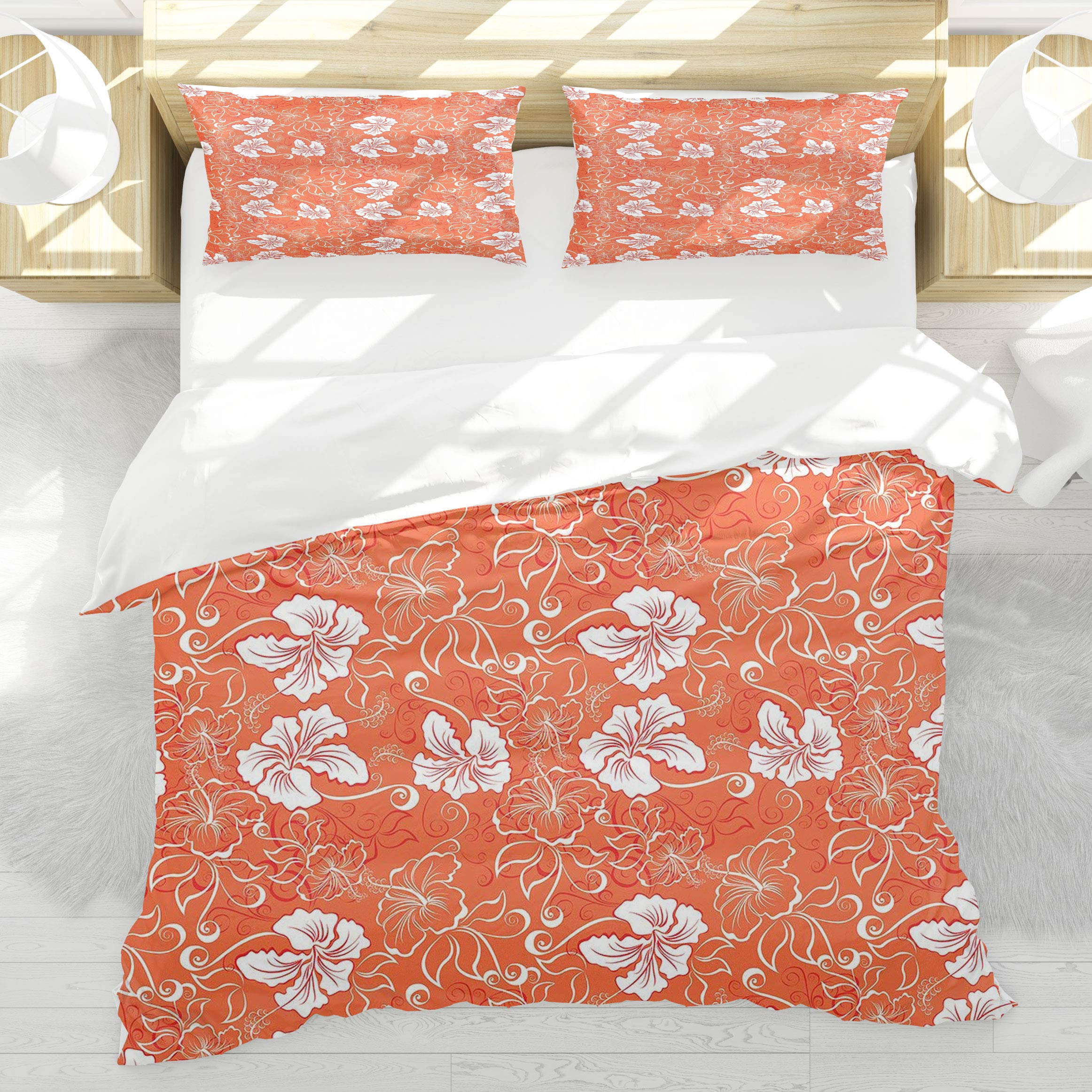 Housse de couette 220x240cm respirante et douce motif hibiscus orange tropical