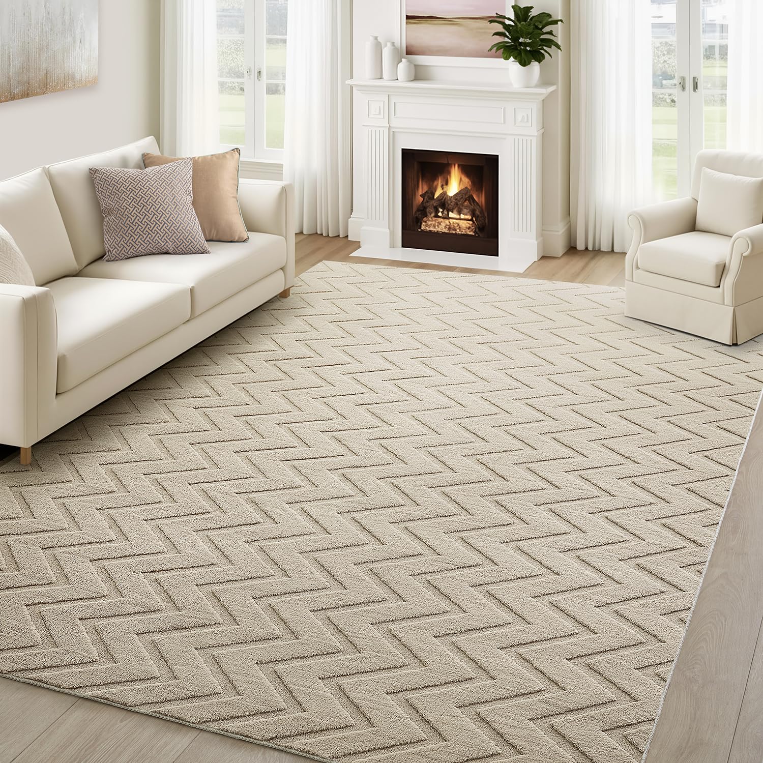 Aspire Homeware Rugs Living Room Large 200x290 cm – 100% Polyester Machine Washable Beige Rugs For Bedroom Anti Slip Bedside Carpet, Modern Zig Zag High Low Pile Rug For Kids Room Non Shedding — image 1