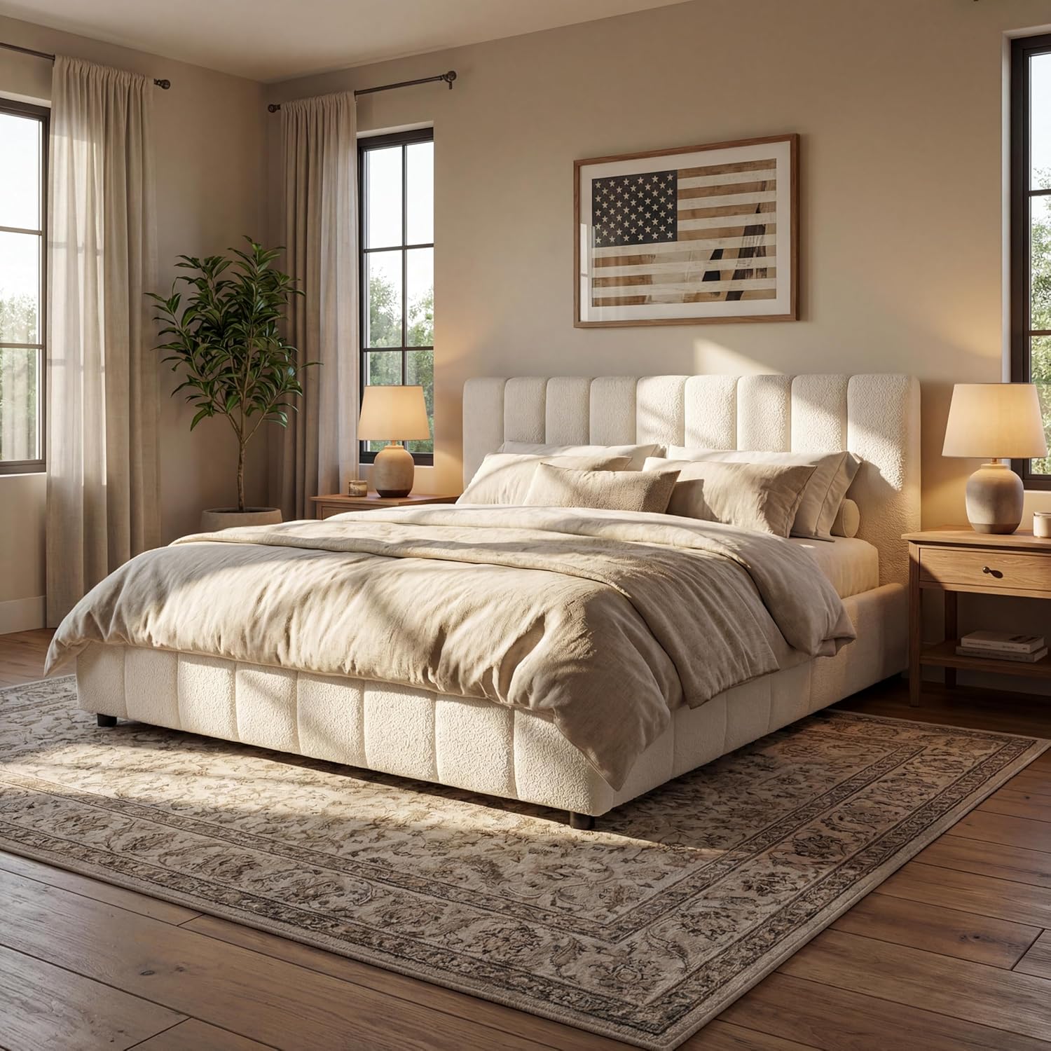 Merax Boucle Upholstered King Bed Frame with 42.7" High Headboard & 3.9" Thick, Vertical Stripe Tufting Design, Modern King Size Platform Bed, Solid Wood Support Leg, Bear 700Lbs, Off White