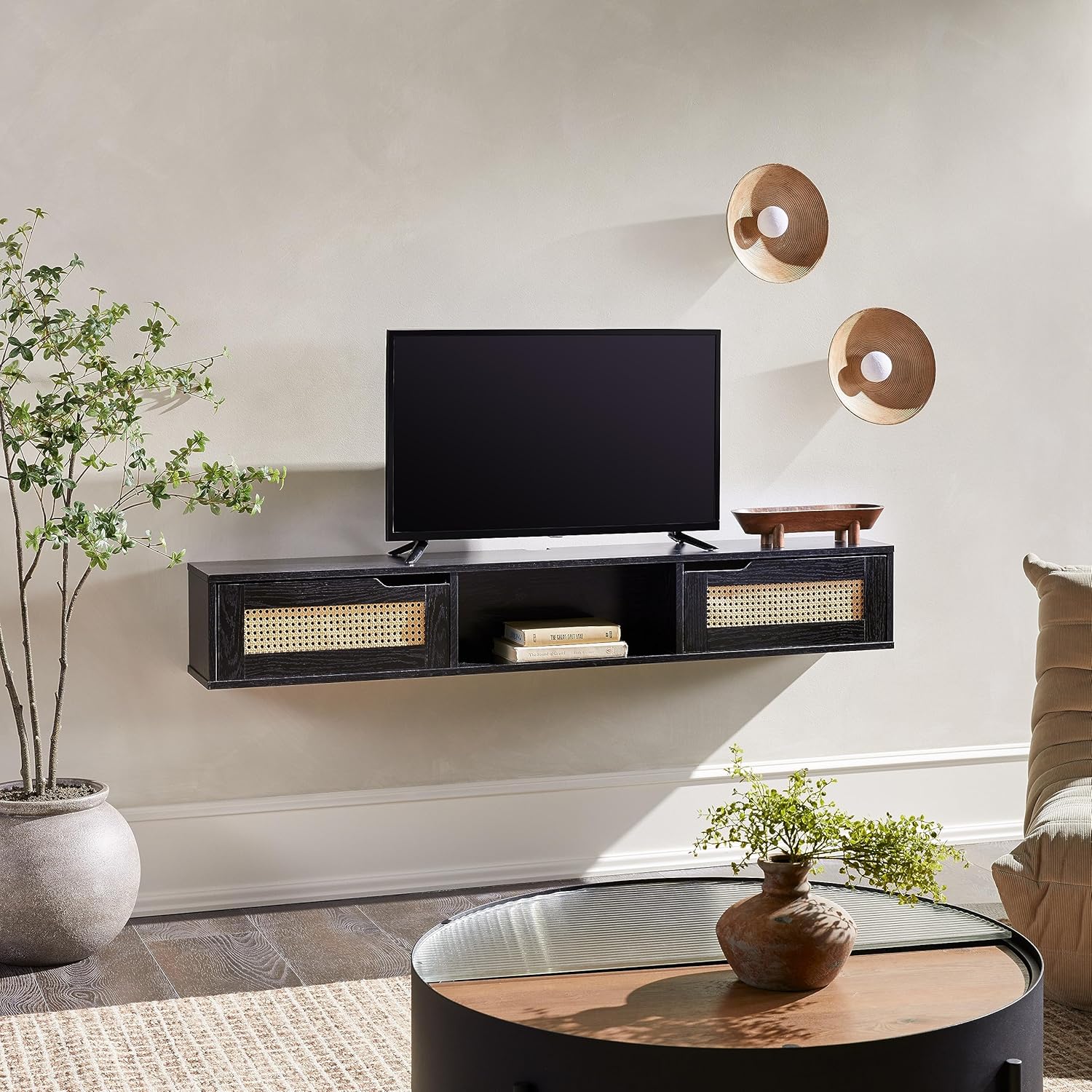 Walker Edison Destin Modern Rattan Flip-Down-Door Wall-Mounted Floating TV Stand for TVs up to 65 Inches, 58 Inch, Black