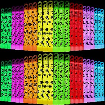 Hiboom 100 Pcs Halloween Glow Sticks Bulk 5.91 Inch Hanging Wands in 8 Designs and 8 Colors Glow in The Dark Sticks for Halloween Party Favor Supplies Goodie Bag Fillers Trick or Treating Gift