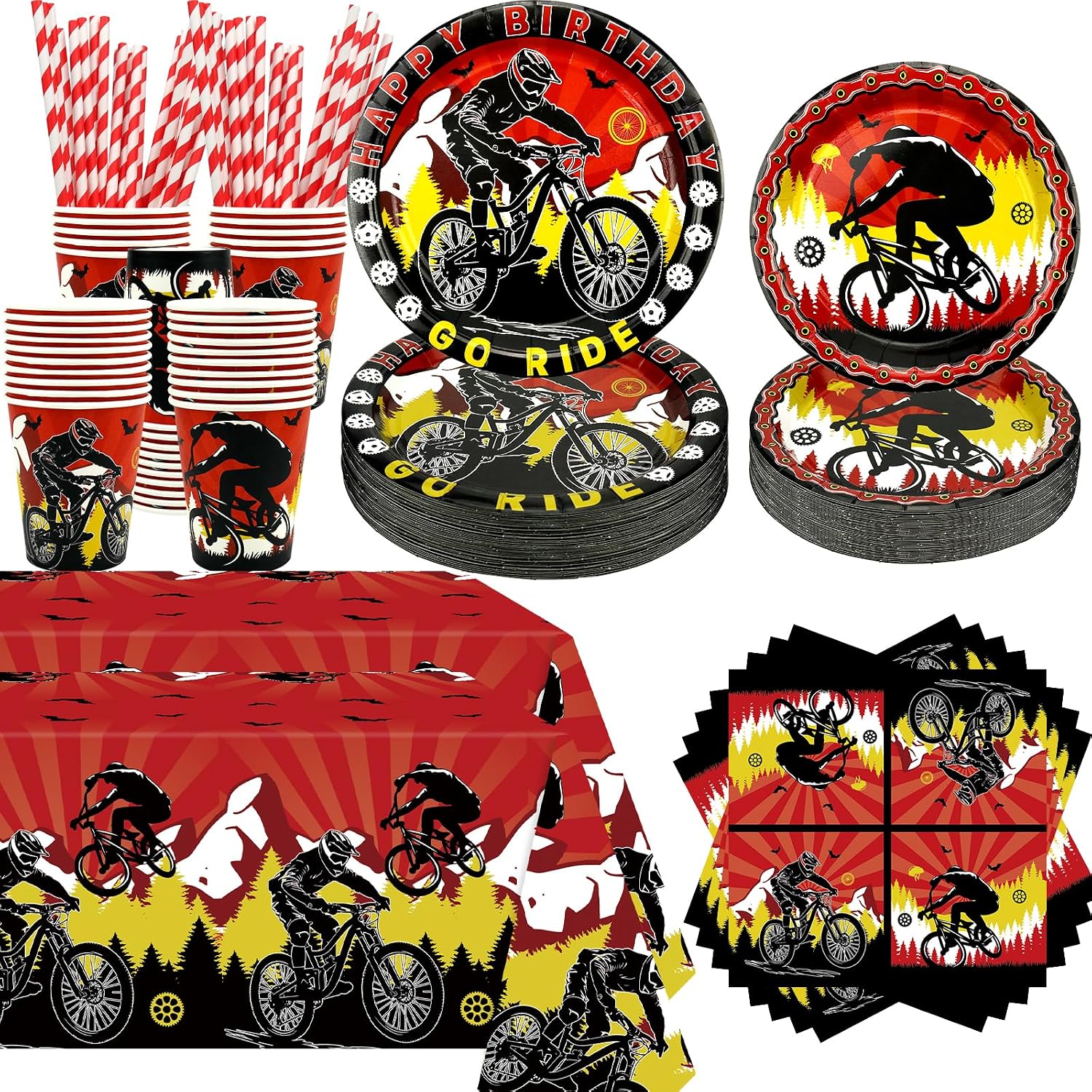 Bicycle Party Decoration - Bicycle Birthday Party Tableware Supplies Includes Plates, Cups, Napkins, Tablecloth, Straws (40)