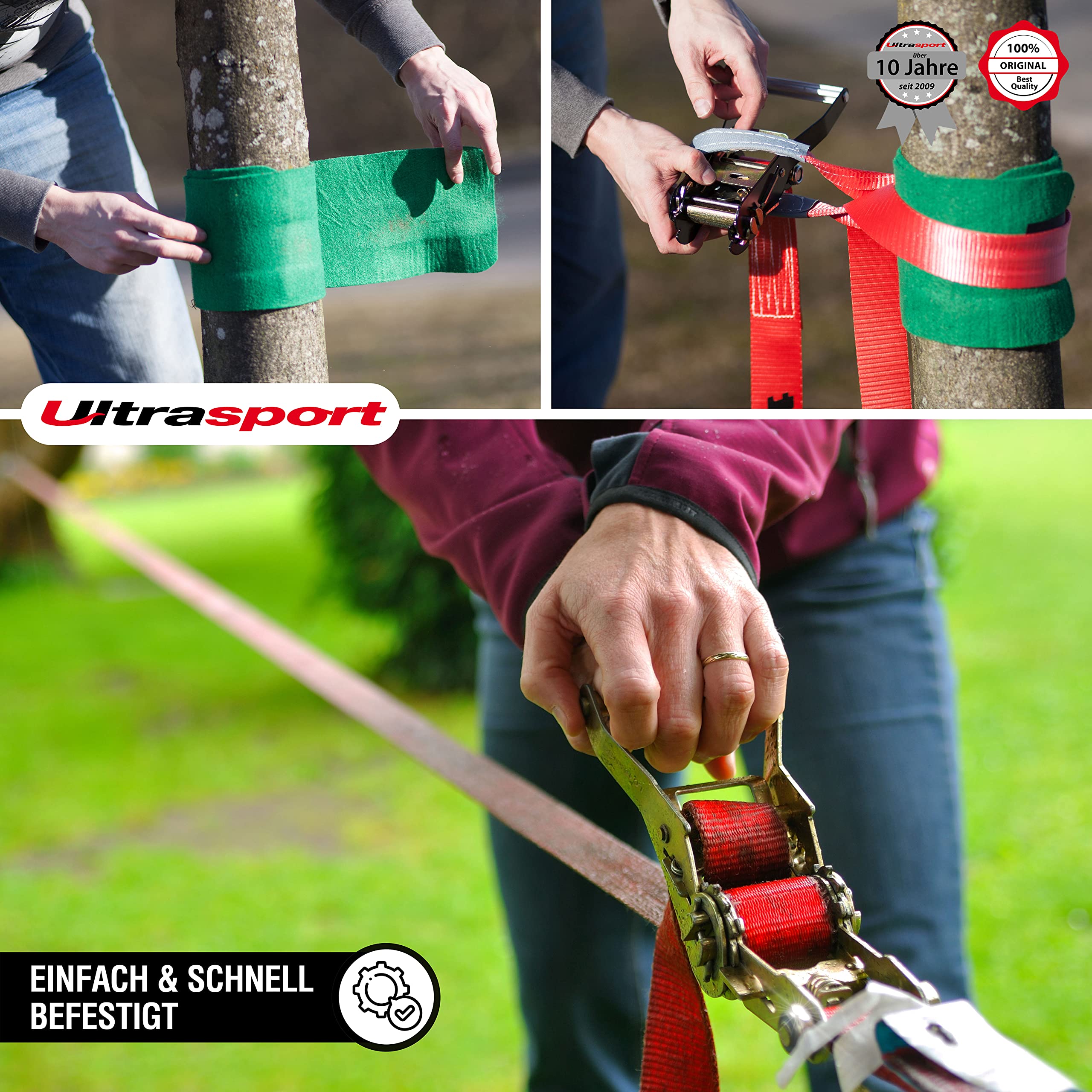 Ultrasport Slackline 15m-25m, mit Ratsche und Transporttasch, komplette Slackline-Satz, erhältlich mit und ohne Baumschutz, Slackline-Satz, Fitness-Slackline, TÜV GS zertifiziert, Kinder und Erwachse