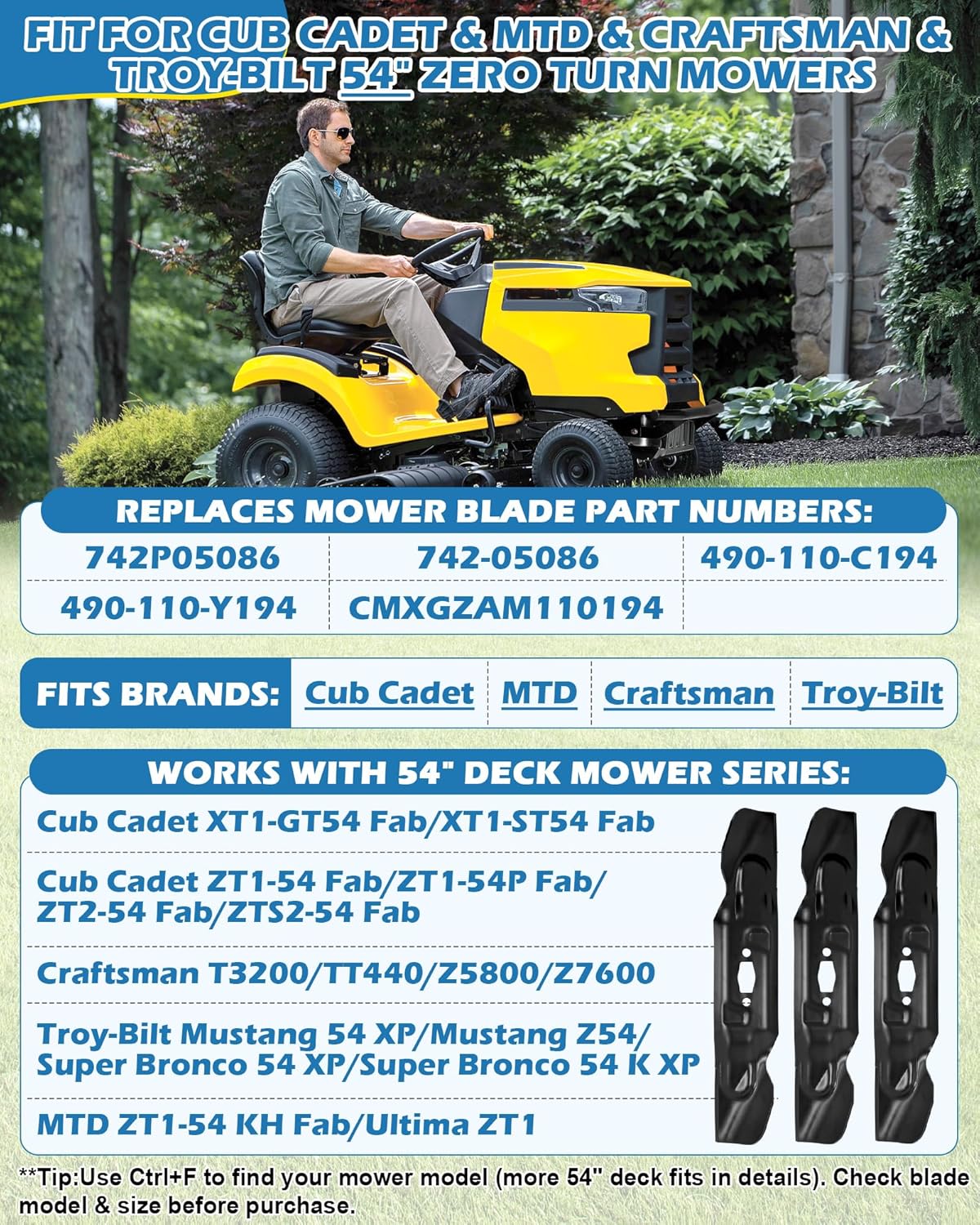 IWIWE 742P05086 Ultra High-Lift Mower Blades 3 Pack for 54" Deck, Replaces 742-05086 CMXGZAM110194, Compatible with Cub Cadet XT1-GT54 ZT1-54 ZT2-54 Craftsman MTD Troy-Bilt