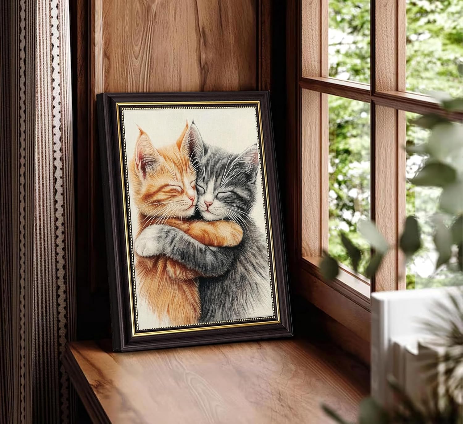 Framed Cat Canvas Wall Art Cute The Adorable Black Cat and Yellow Cat Are Sleeping Together Animals Painting Pictures Wall Decor Posters Prints for Bedroom Dorm Living Room Home Decoration