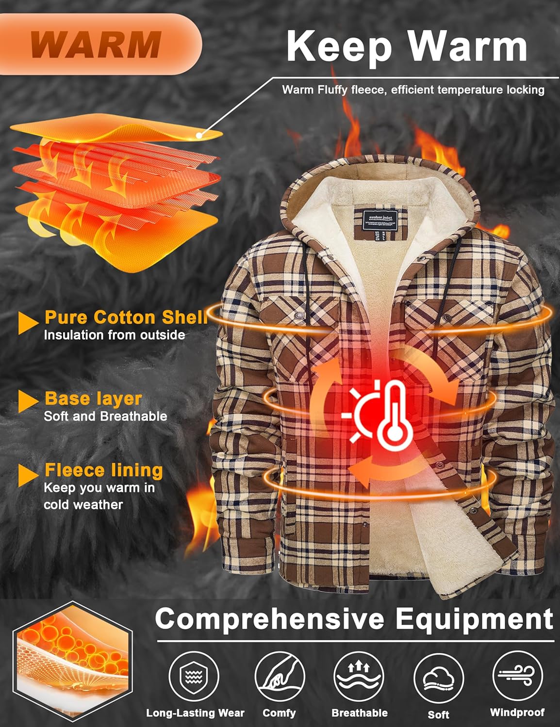 CRYSULLY Men's Flannel Jackets Sherpa Fleece Lined Hoodies Soft Warm Plaid Shirt Jacket Cotton Button Winter Coat with Hood - Image 8