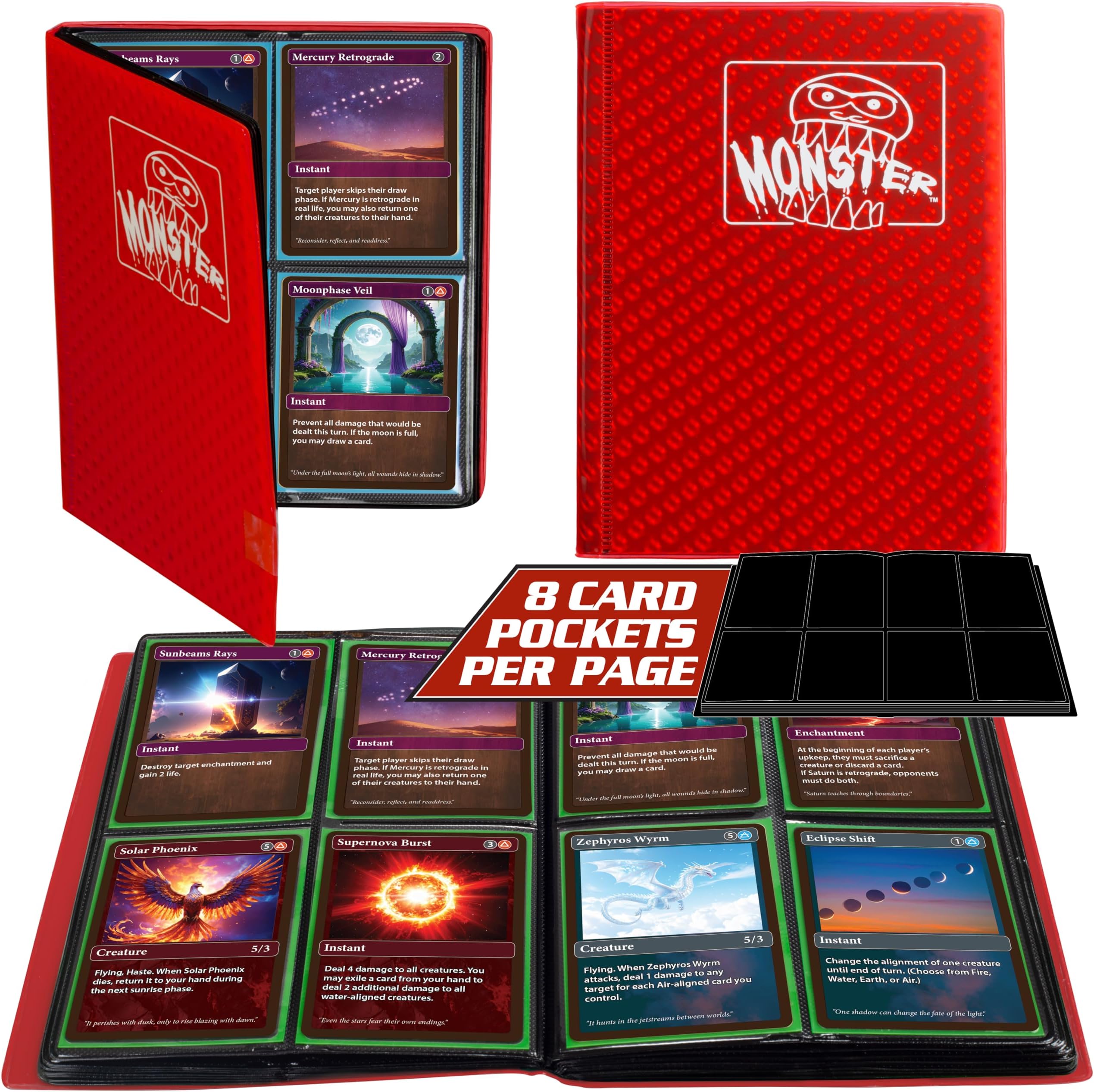 4 Pocket Trading Card Album- Holofoil Red Binder w Padded Side Loading Pockets, AntiTheft Anti-Drop-TCG Collector Storage Organizer for 160 Cards-Compatible with Pokémon & All Major Trading Card Games