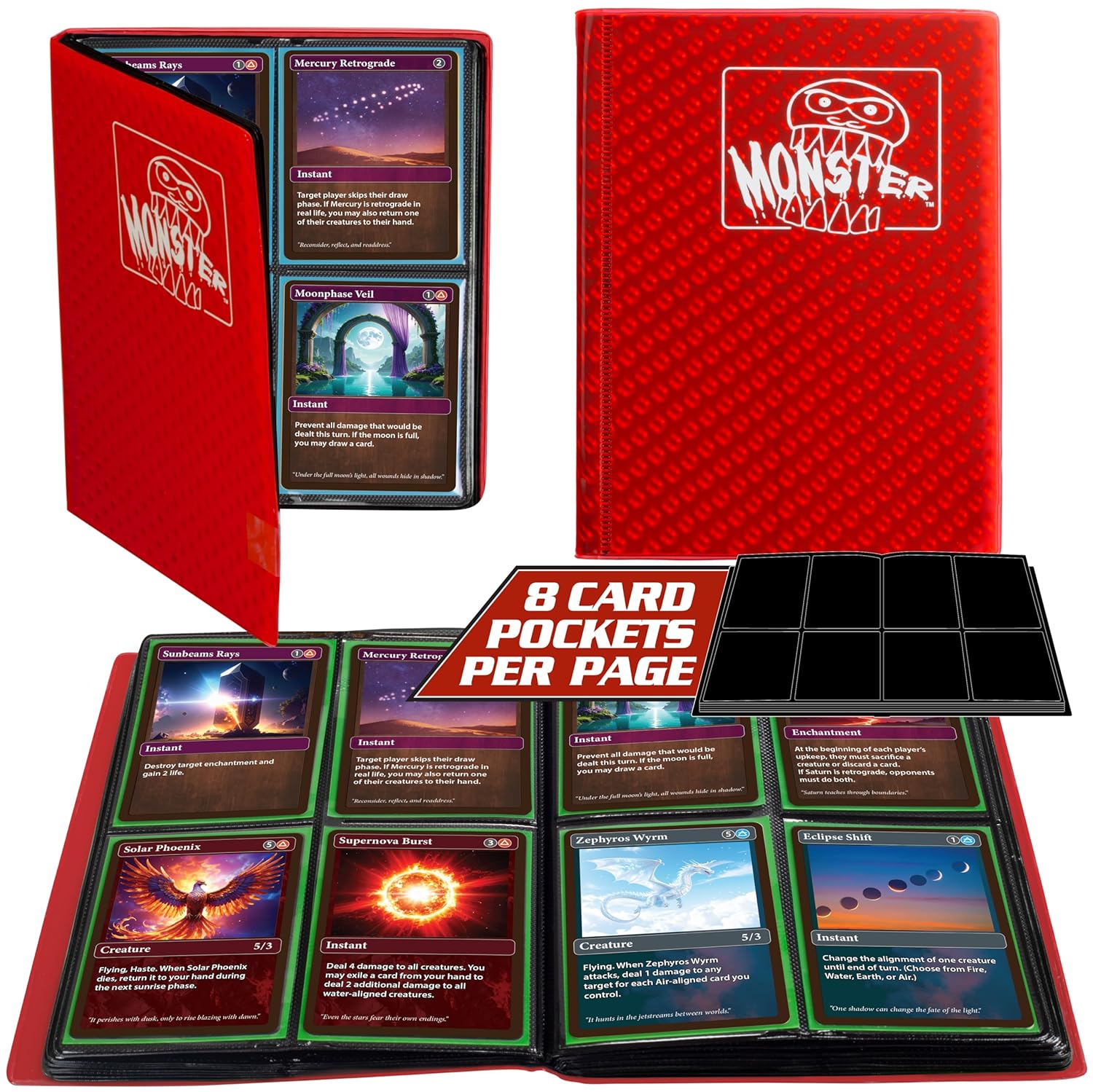 4 Pocket Trading Card Album- Holofoil Red Binder w Padded Side Loading Pockets, AntiTheft Anti-Drop-TCG Collector Storage Organizer for 160 Cards-Compatible with Pokémon & All Major Trading Card Games