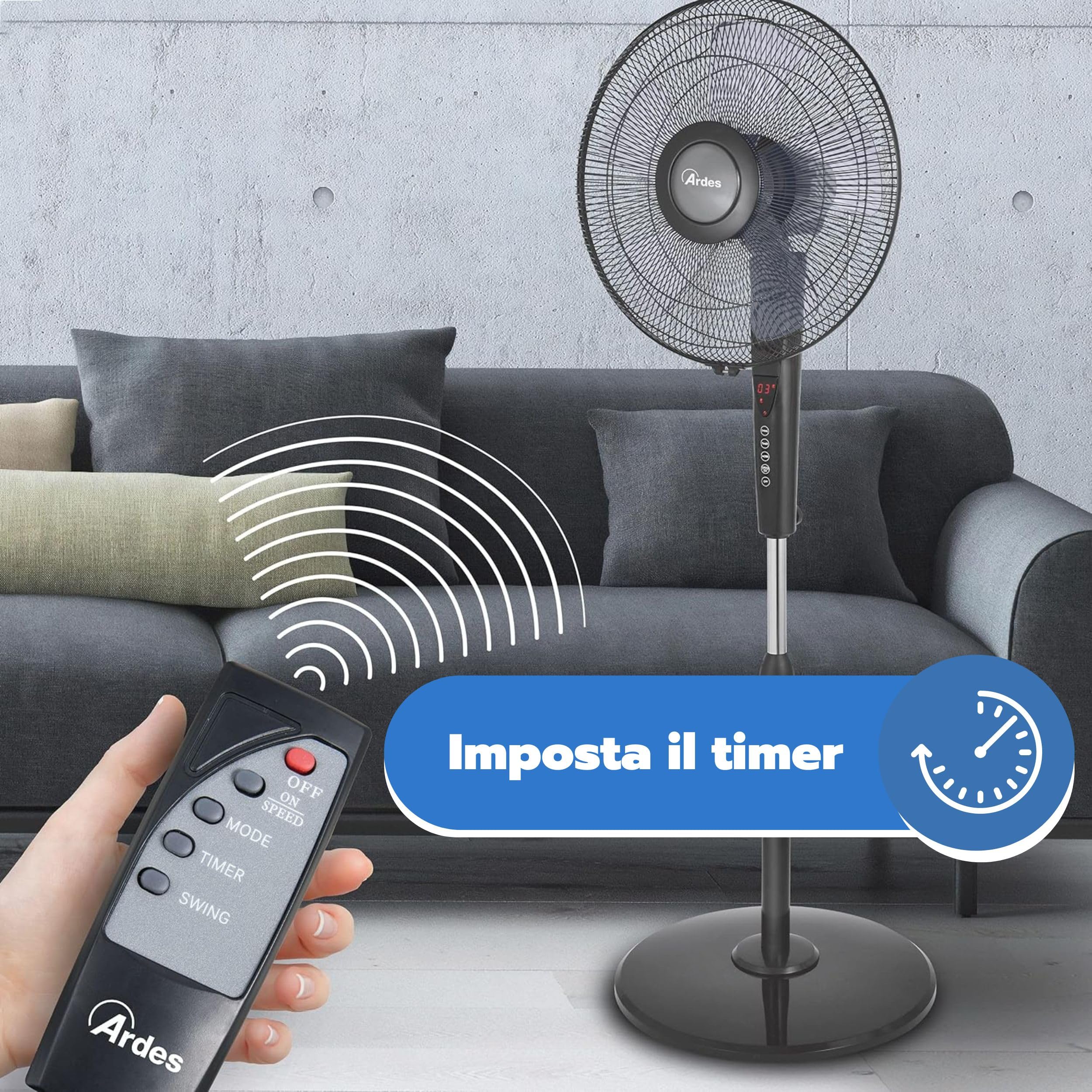 ARDES|AR5S41PBT Ventilatore a Piantana con Telecomando,Timer eComandi Touch Silenzioso e Potente 5 Pale 40cmOscillante con Altezza e Inclinazione Regolabile Ventilatore a SteloArdes 3Velocità Modello