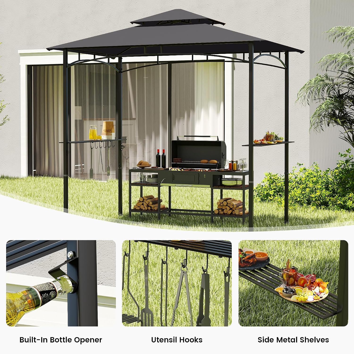 Murago 8x5 Grill Gazebo, BBQ Gazebo for Outdoor Grill, All Weather BBQ Canopy with 2 Shelves and Utensil Organizer, Steel Frame with Bottle Opener for Patio, Backyard, Grilling, Dark Gray