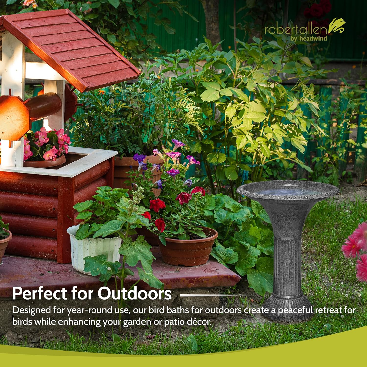 Headwind Metal Bird Bath for Outside – 24" Ironstone Chalice Grey Birdbath Bowl for Outdoors, Decorative Garden Bird Fountain, Yard Decor or Patio by Robert Allen