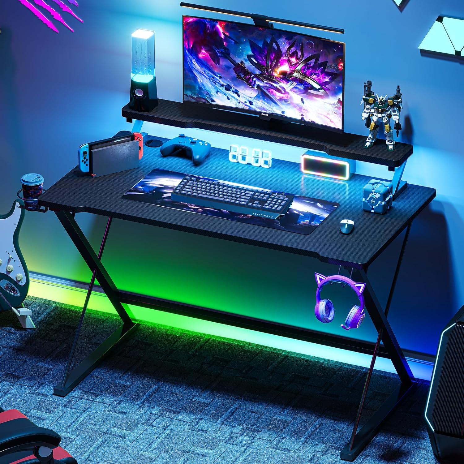 YTH Gaming Desk 120 x 65cm, Computer Gaming Desk with LED Lights, Large Gaming Table for Laptop, X shaped PC Corner Desk for Home Office Bedroom Study Play Work with Cup Holder Headphone Hook, Black