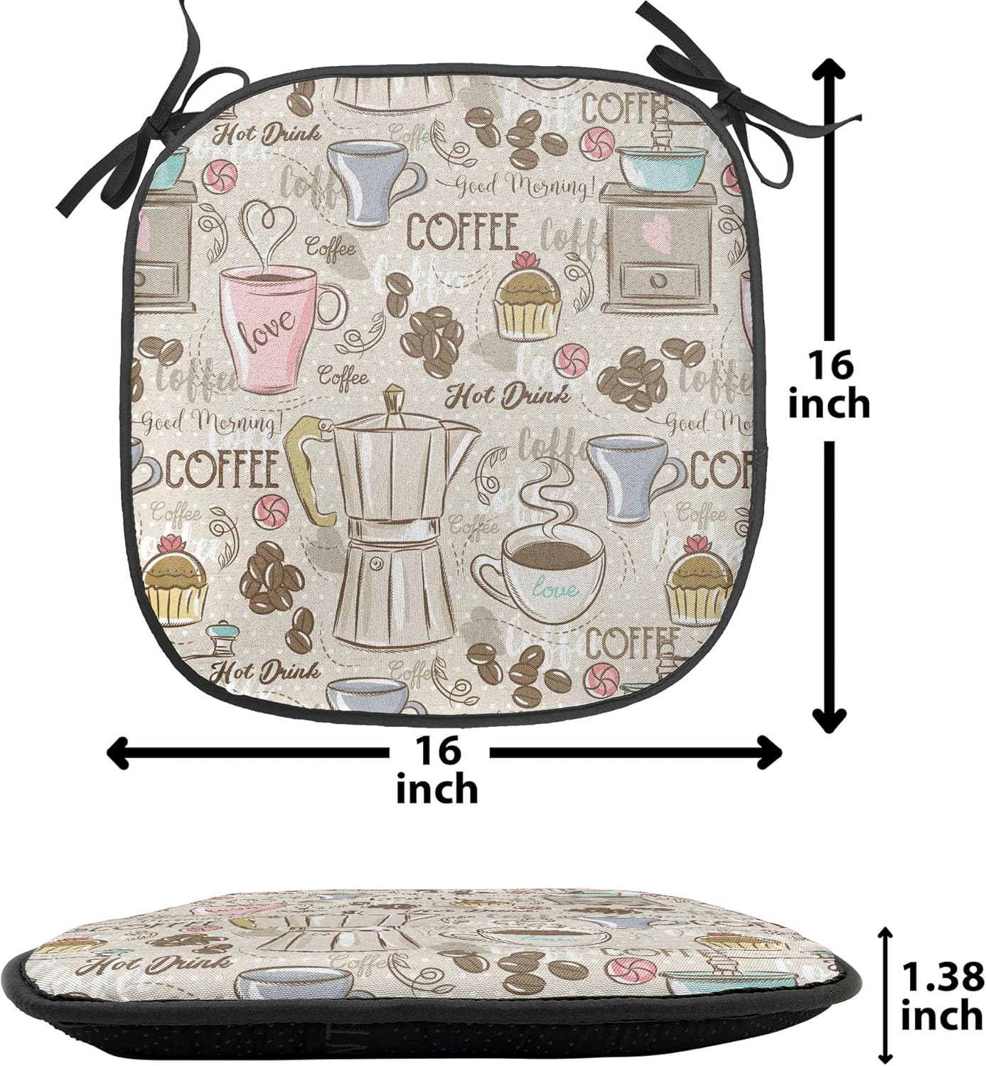 Ambesonne Modern Chair Seating Cushion Set of 2, Coffee Time Vintage Espresso Machine Cupcakes Beans Design, Anti-Slip Seat Padding for Kitchen & Patio, 16"x16", Pale Pink Beige