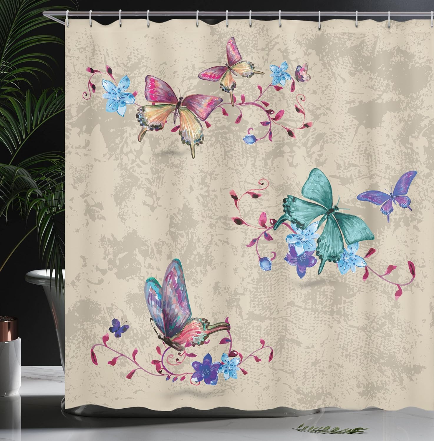 Ambesonne Butterfly Shower Curtain, Springtime Flying Moths on Vintage Style Background Wings Transformation, Cloth Fabric Bathroom Decor Set with Hooks, 69" W x 70" L, Ecru Violet