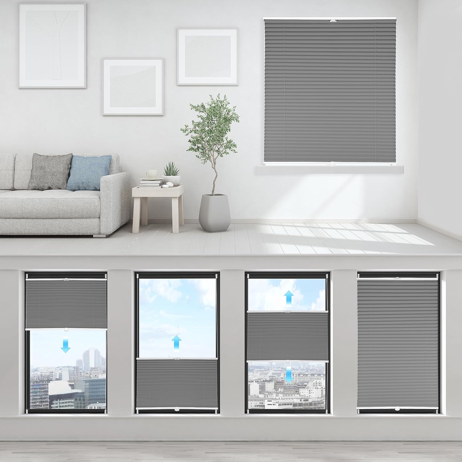 Sekey Pleated Blind, No Drilling Blackout, Window Pleated Blind Klemmfix Blind, 50 cm Wide, Tensioned Opaque Sun Protection Window Blind, 50 x 100 cm, Dark Grey
