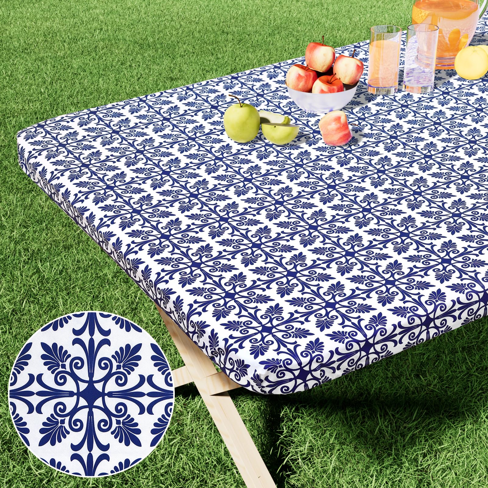 misaya Rectangle Vinyl Table Cloth, Elastic Fitted Flannel Backed Tablecloth, 100% Waterproof Plastic Table Cover Fits 4 Foot Folding Tables for Picnic, Camping, Outdoor (Navy Blue, 30" x 48") — image 1